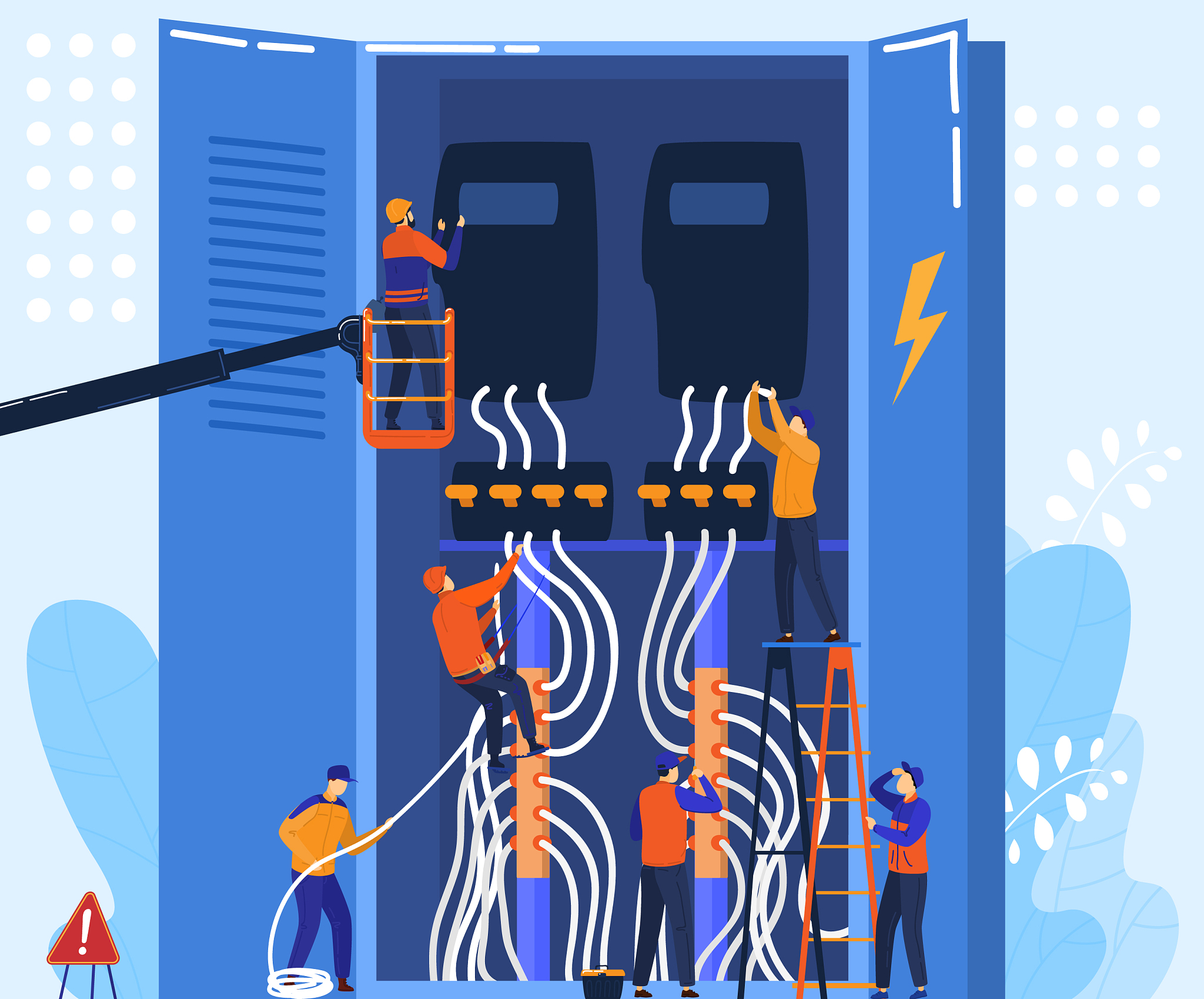 electrician team work with electrical panel tiny