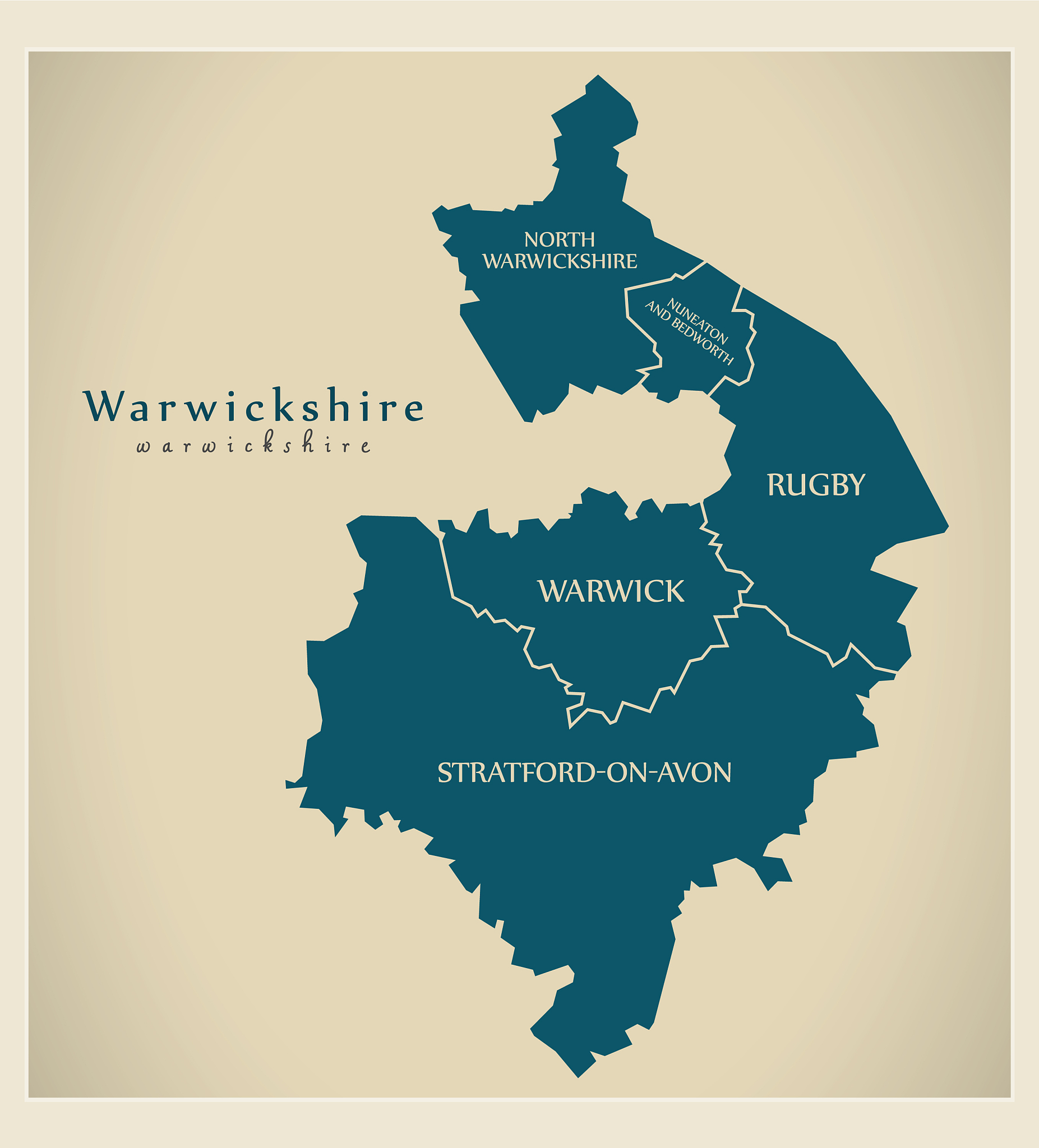 modern map - warwickshire county with district