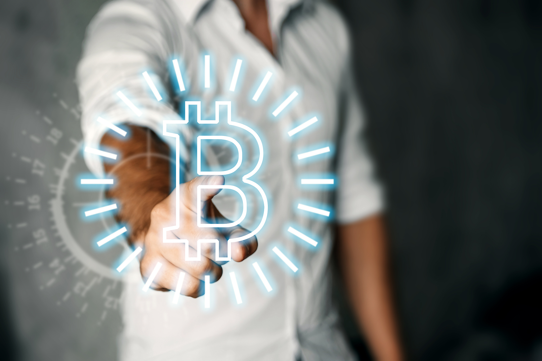 businessman presses bitcoin icon, business, new technologies.. t