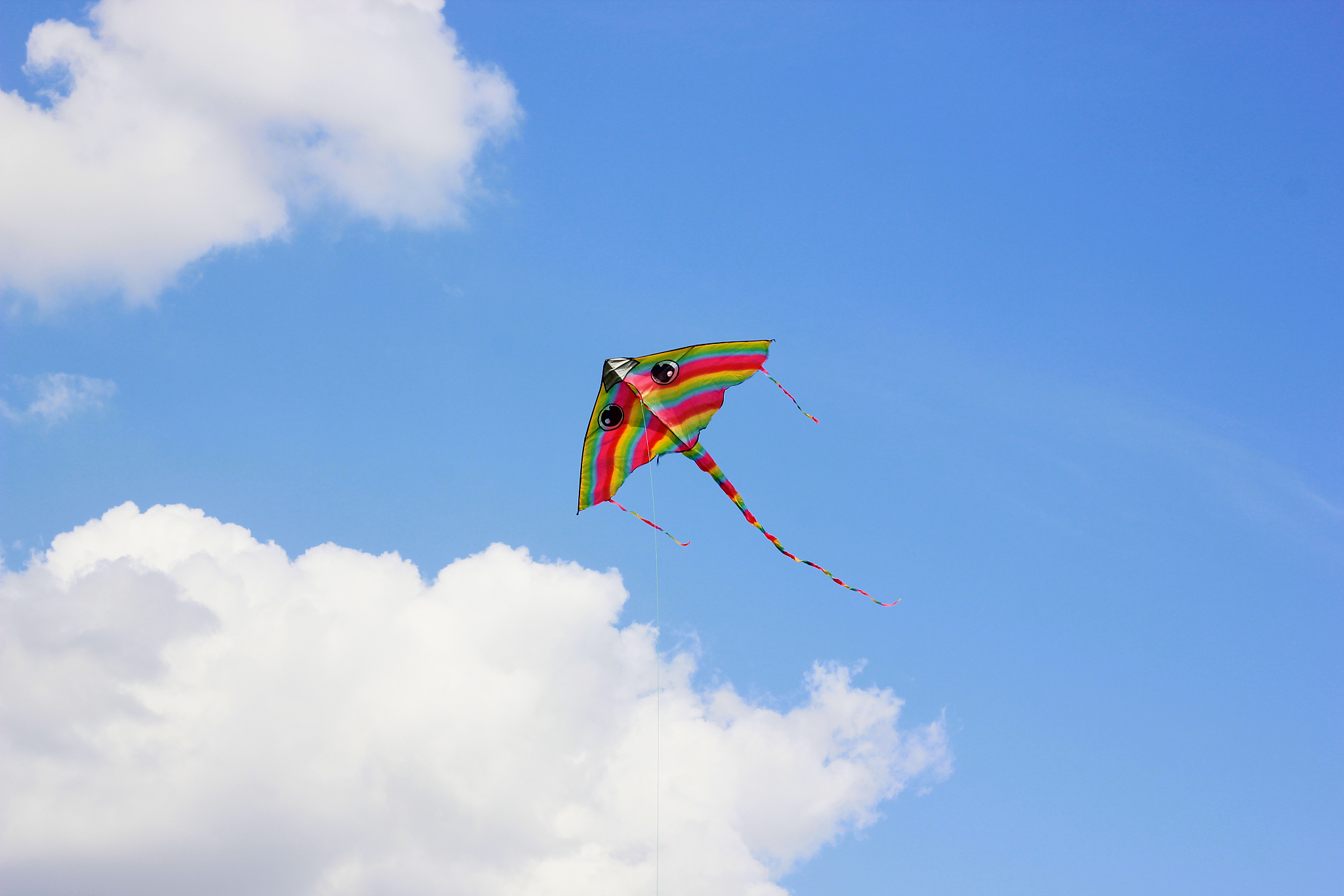 bright kite flying in the clouds and blue sky in the background.