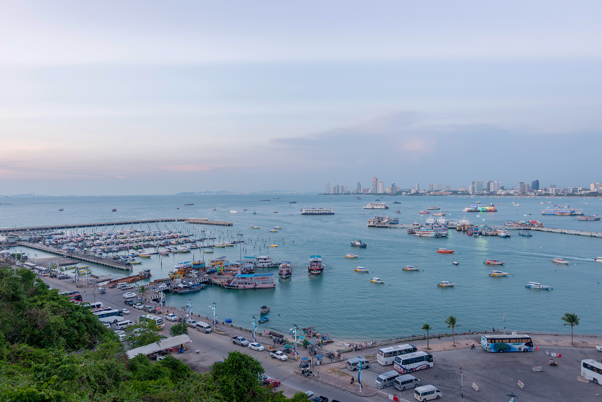 high angle view of pattaya bay, the famous seaside town in chonb