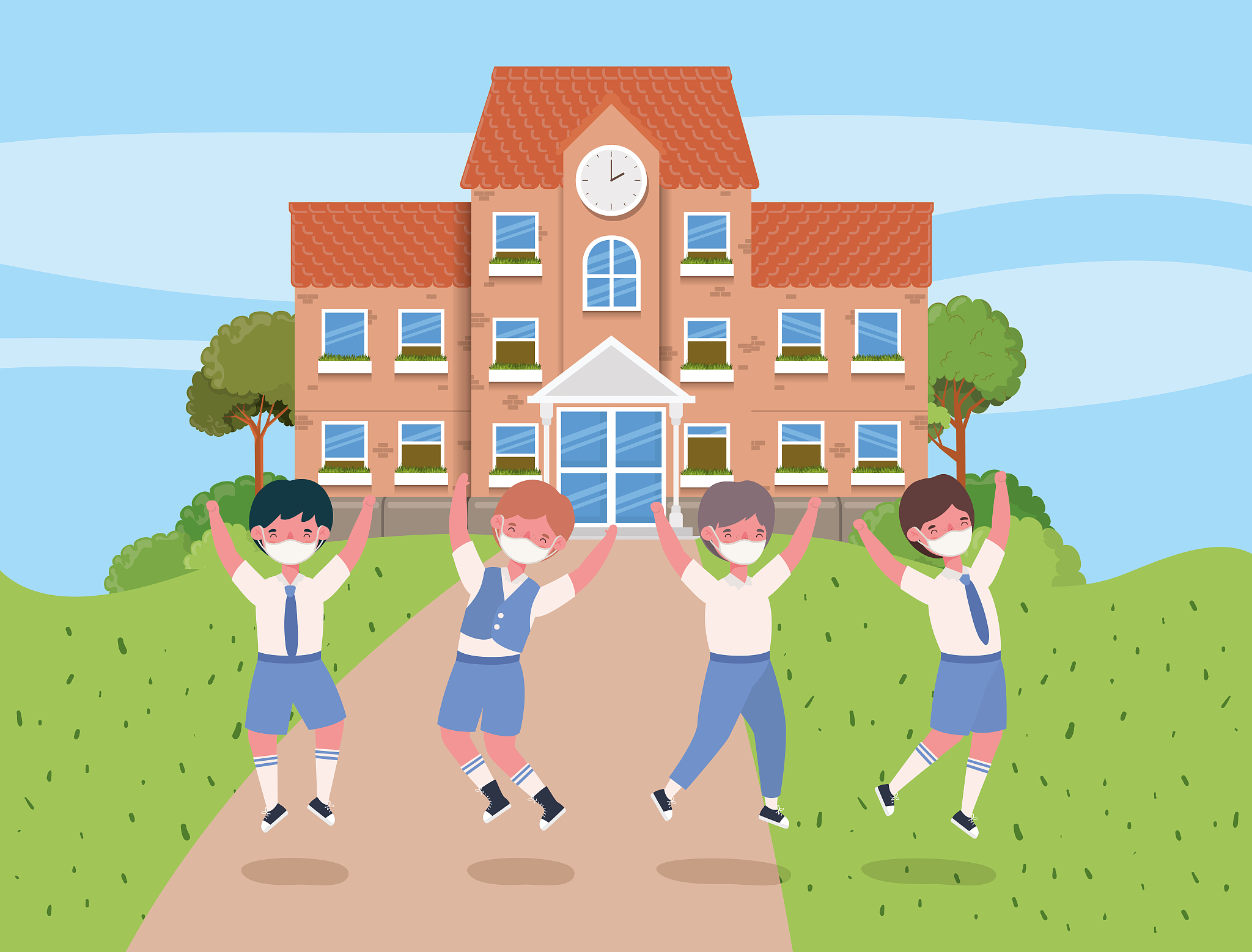 boys kids with masks jumping in front of school vector design