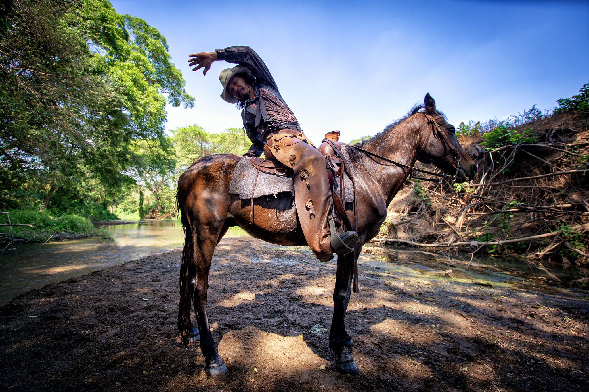 man riding horse against trees