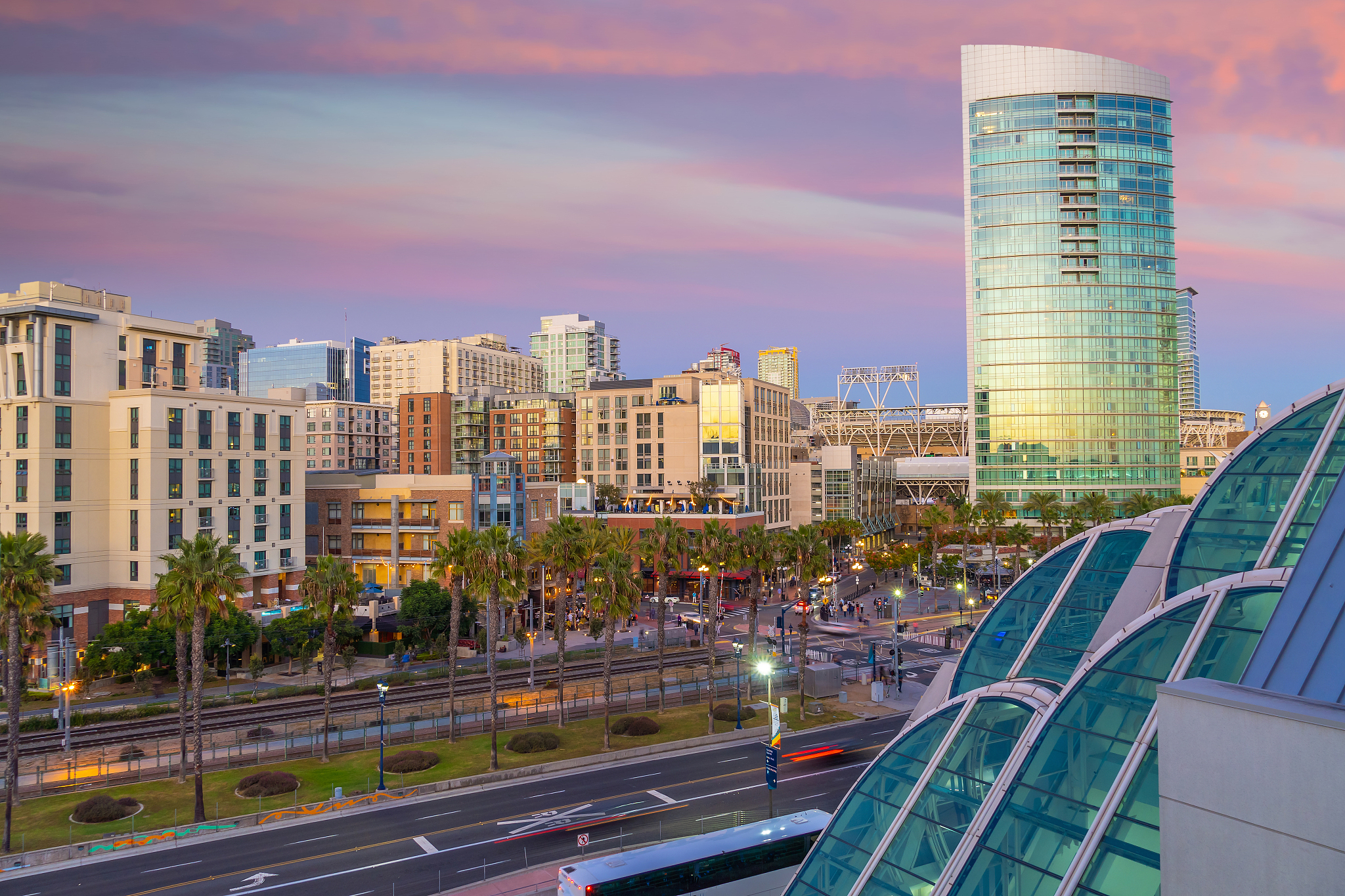 gaslamp quarter district at twilight in san diego, california