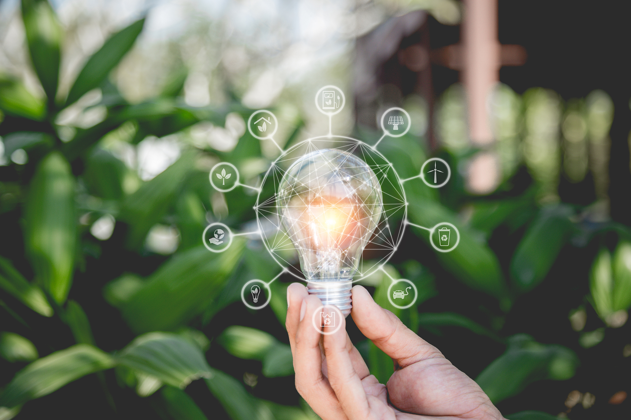 hand holding light bulb with icons energy sources for renewable,