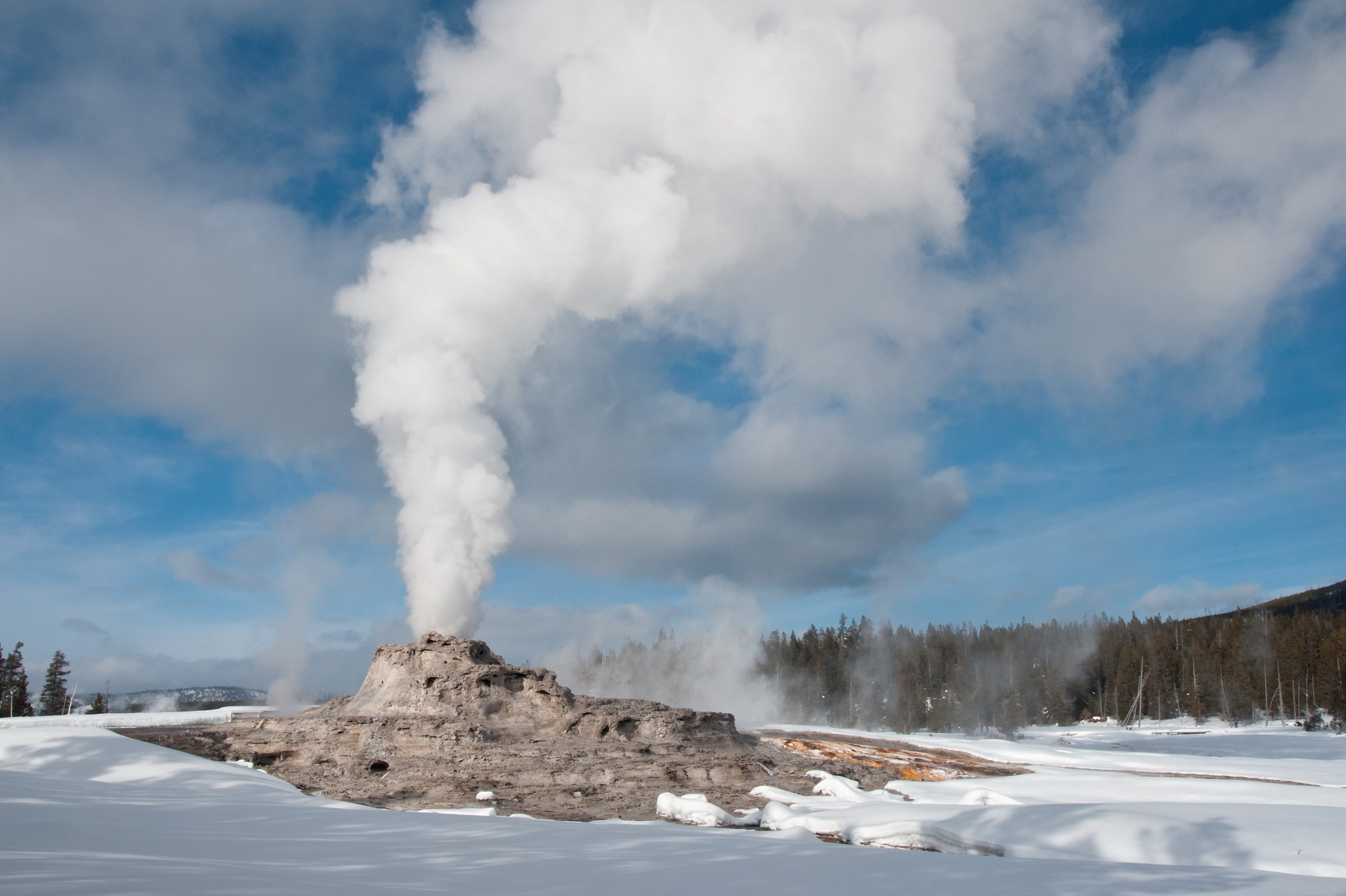 steaming geyser at yellowstone in winter