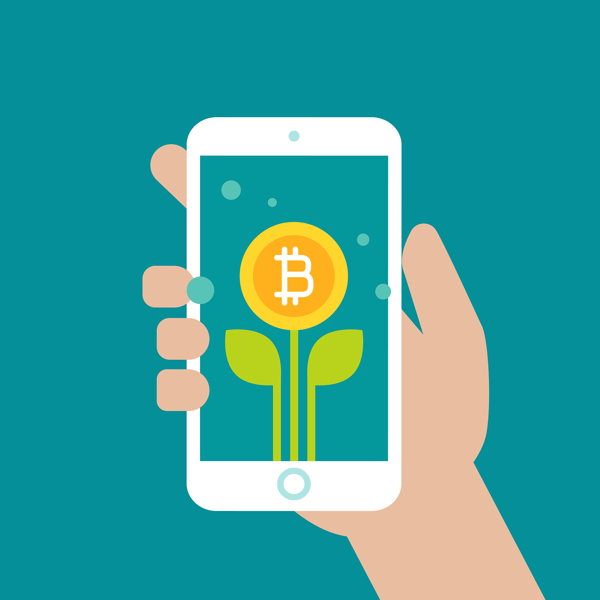 hand holding smart phone with green leaves and bitcoin as a flow