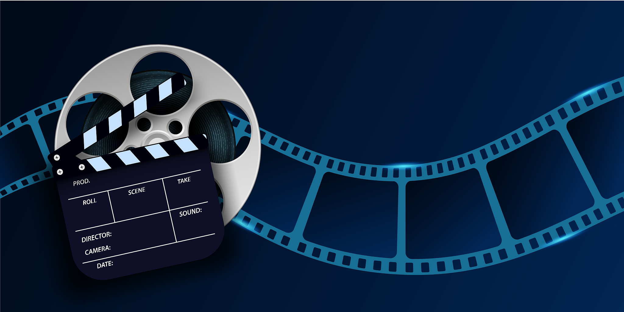 cinema film strip wave, film reel and clapper board isolated on 