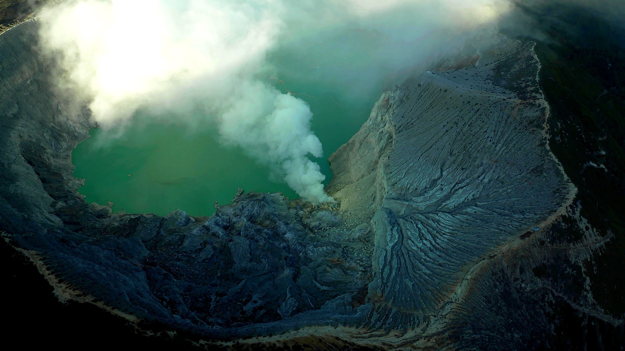 top view inside a volcano which is erupting in the java island i