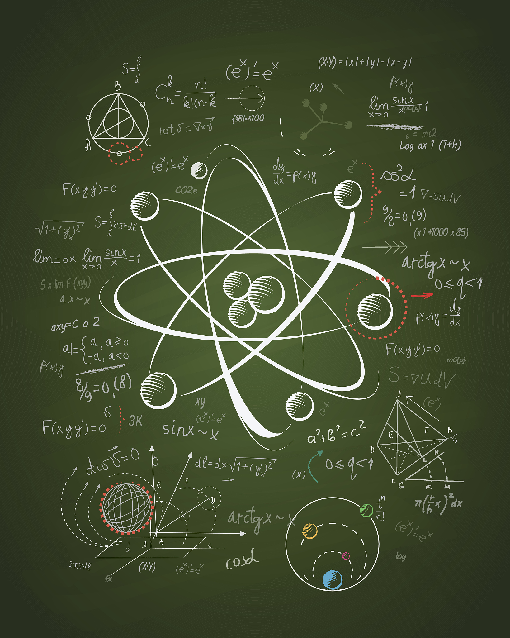 atom molecule on green chalkboard