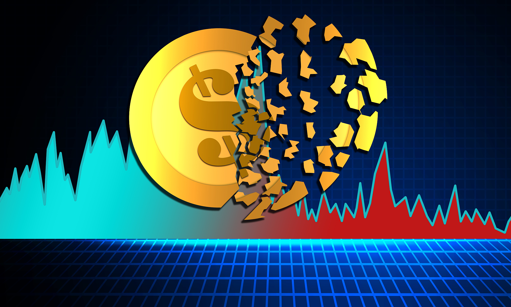 finance decline graph with coin shatter