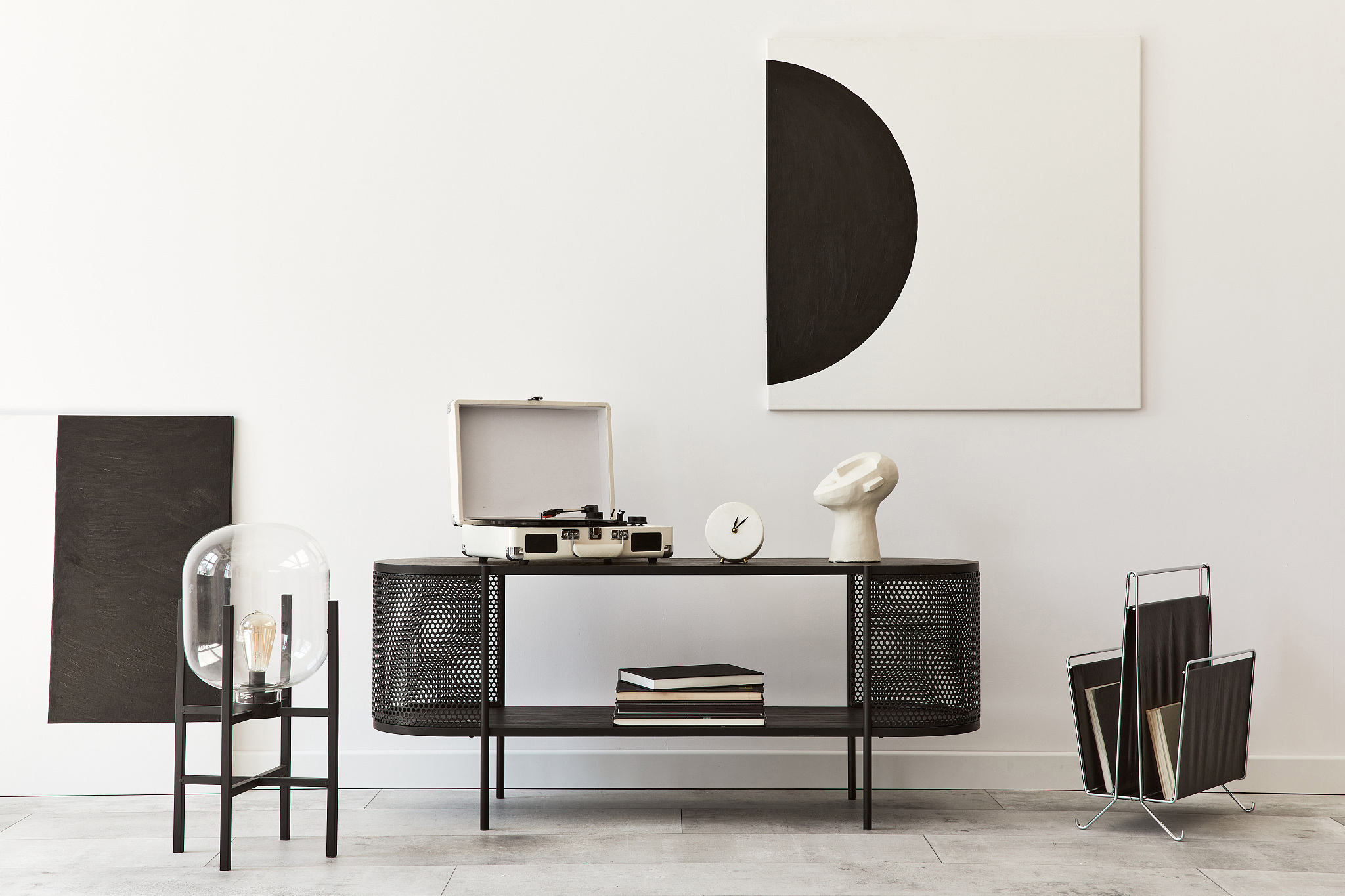 interior design of modern living room with black stylish commode