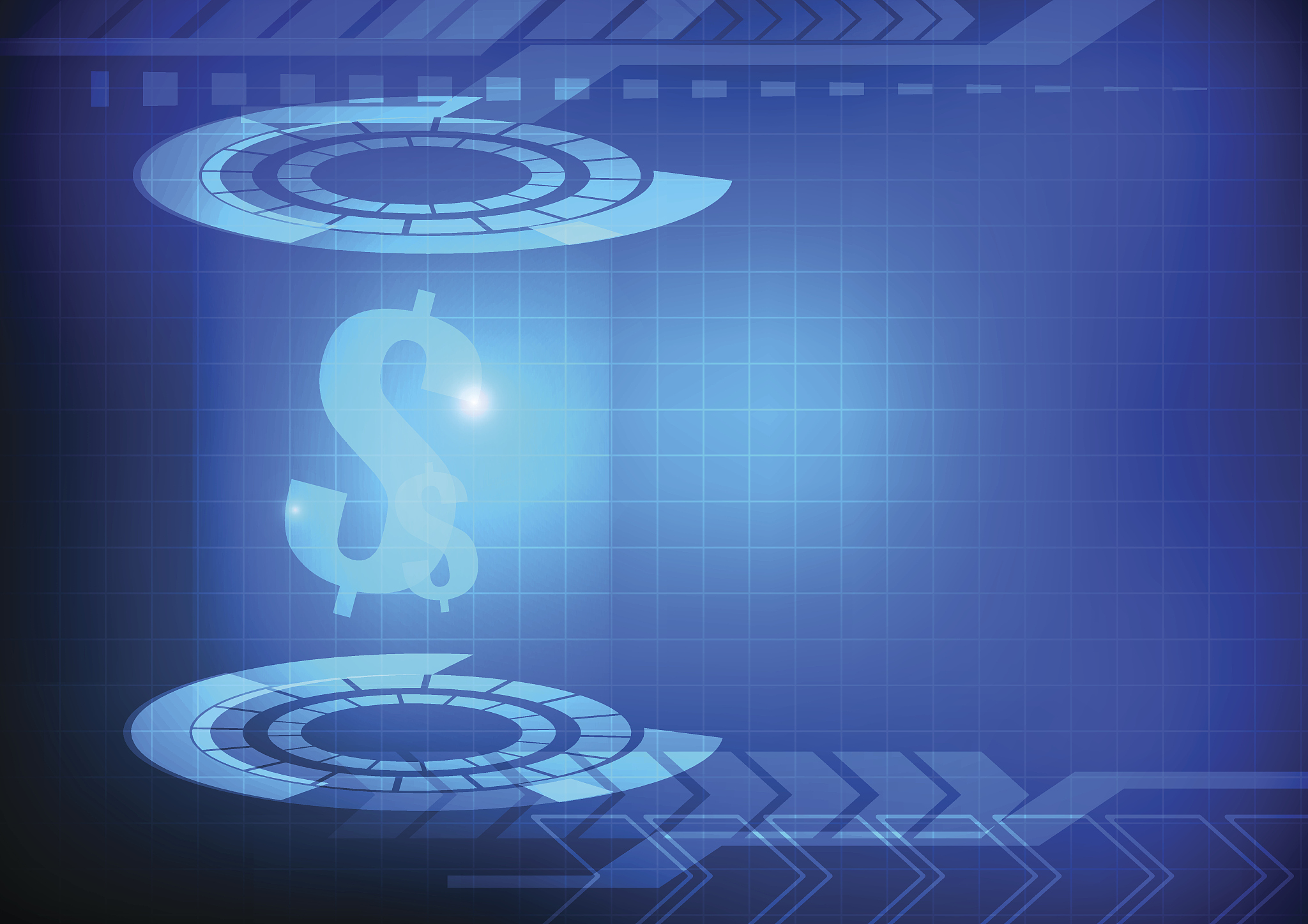 dollar signs on abstract circle and arrow on blue backg