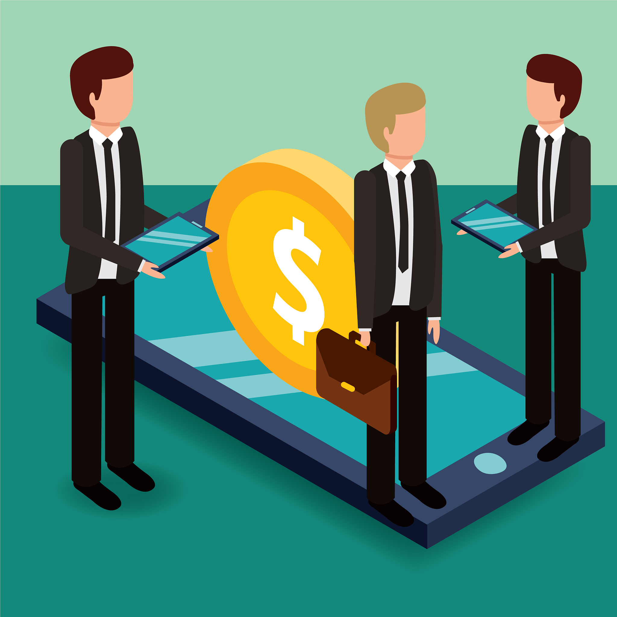 businessmen holding briefcase tablets and