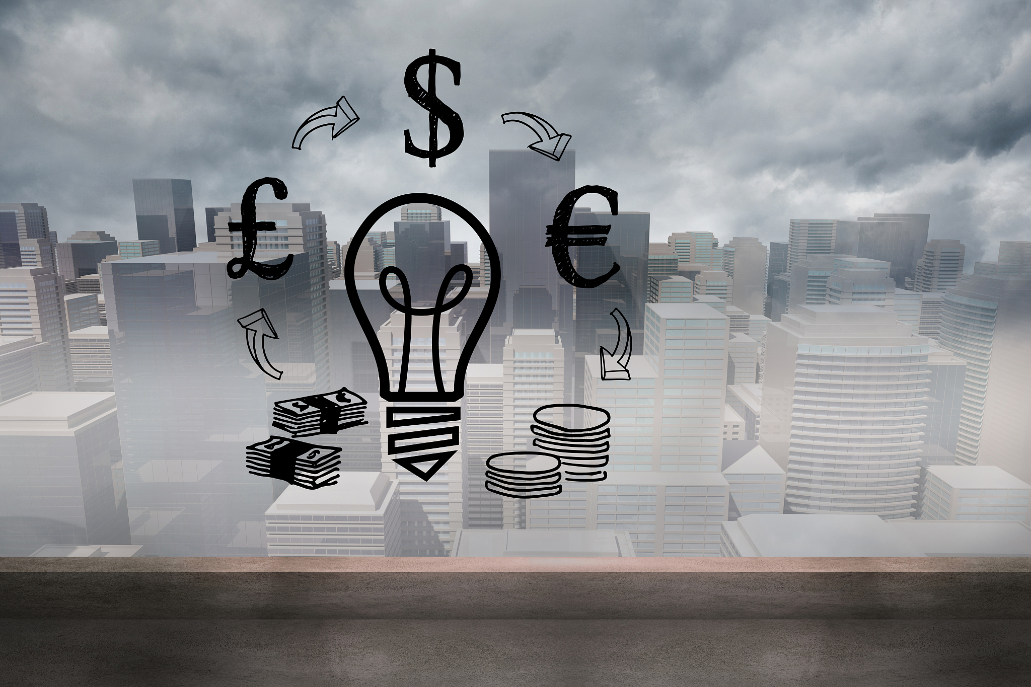 light bulb and money over cityscape