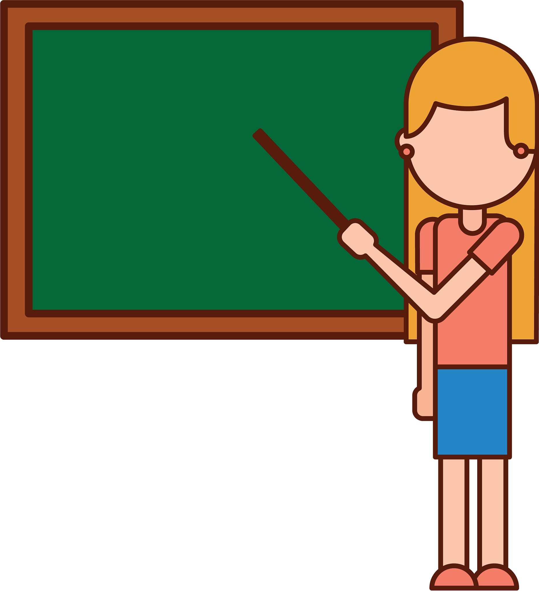 cartoon teacher with pointer standing in front of