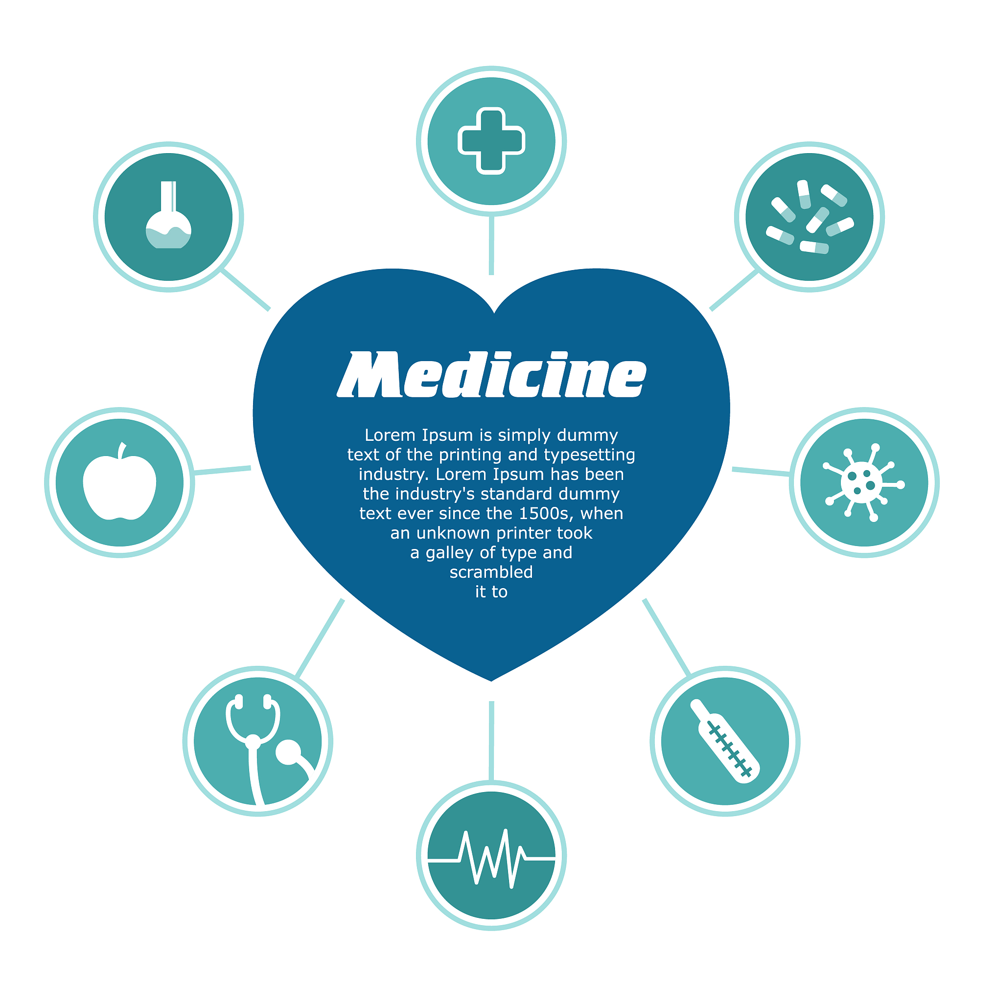 infographic medical subjects. heart with text inside and 8 icons