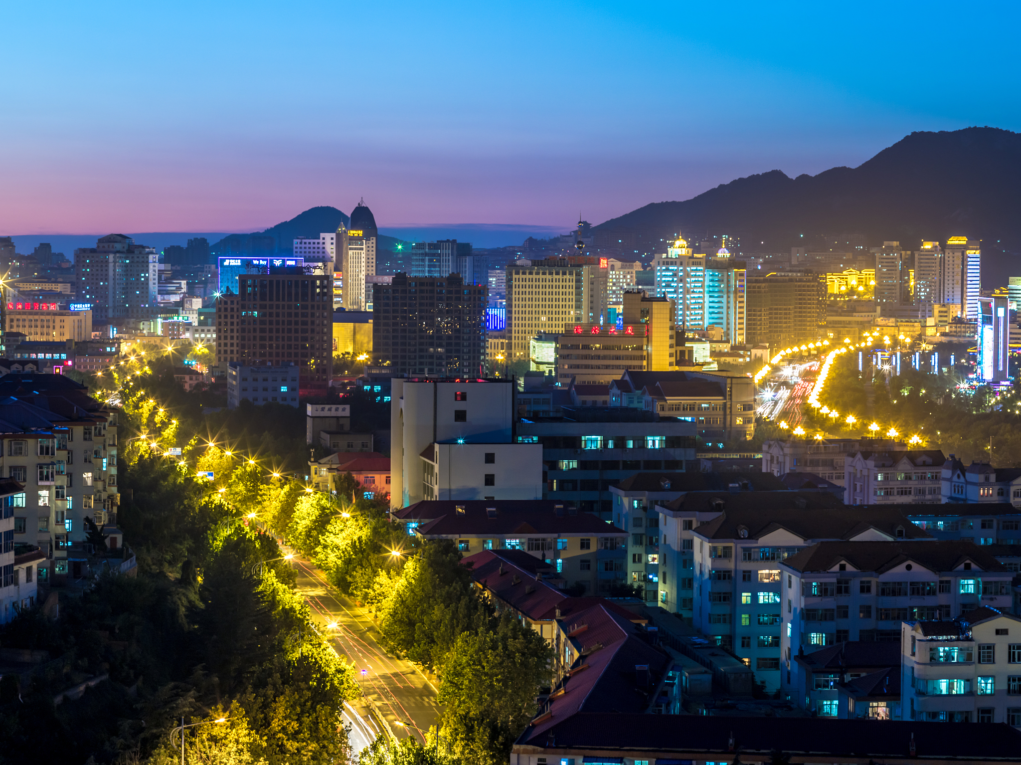 山东威海环翠区高空鸟瞰城市建筑群