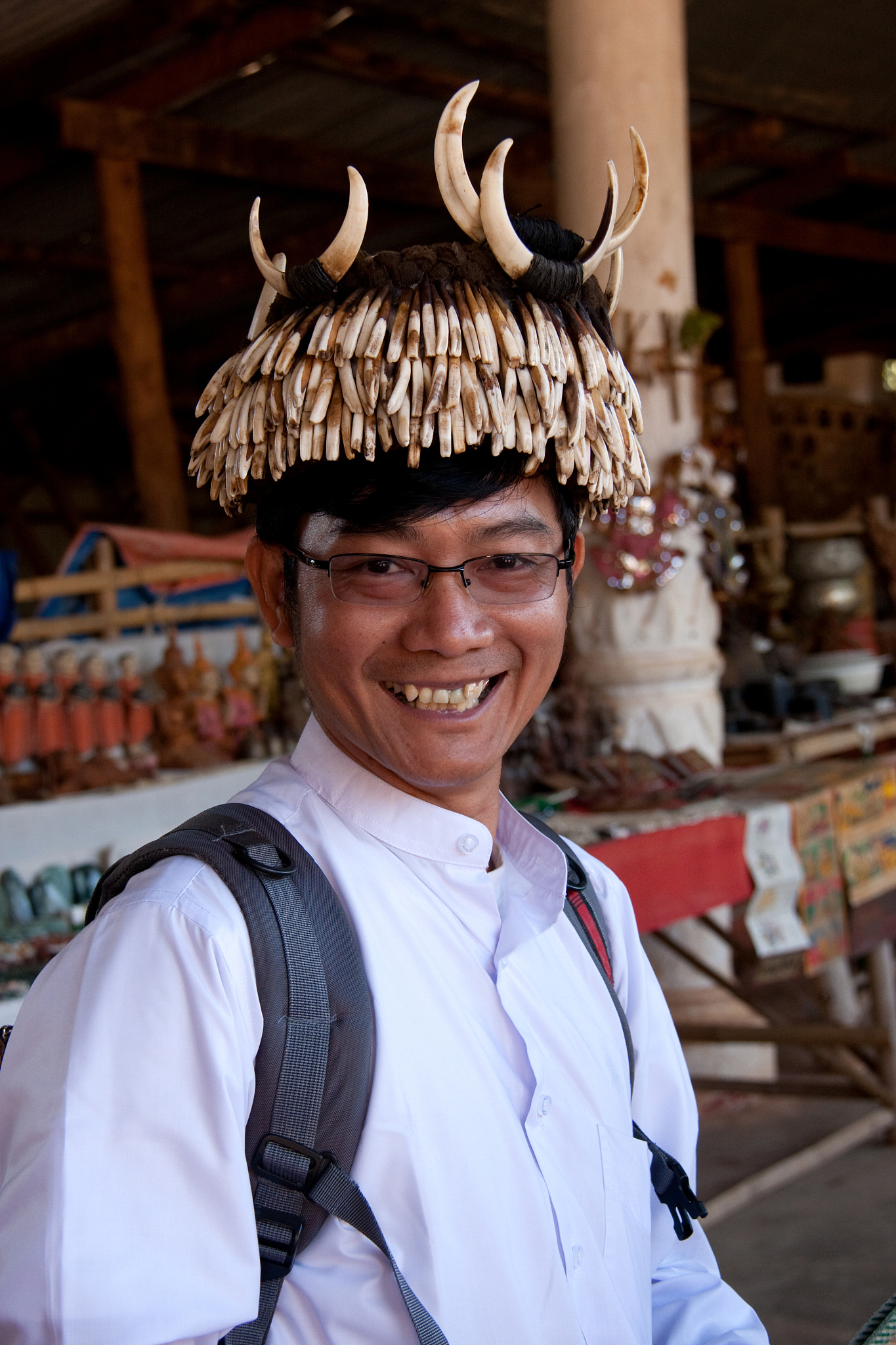 tribal headgear in myanmar, made from bones