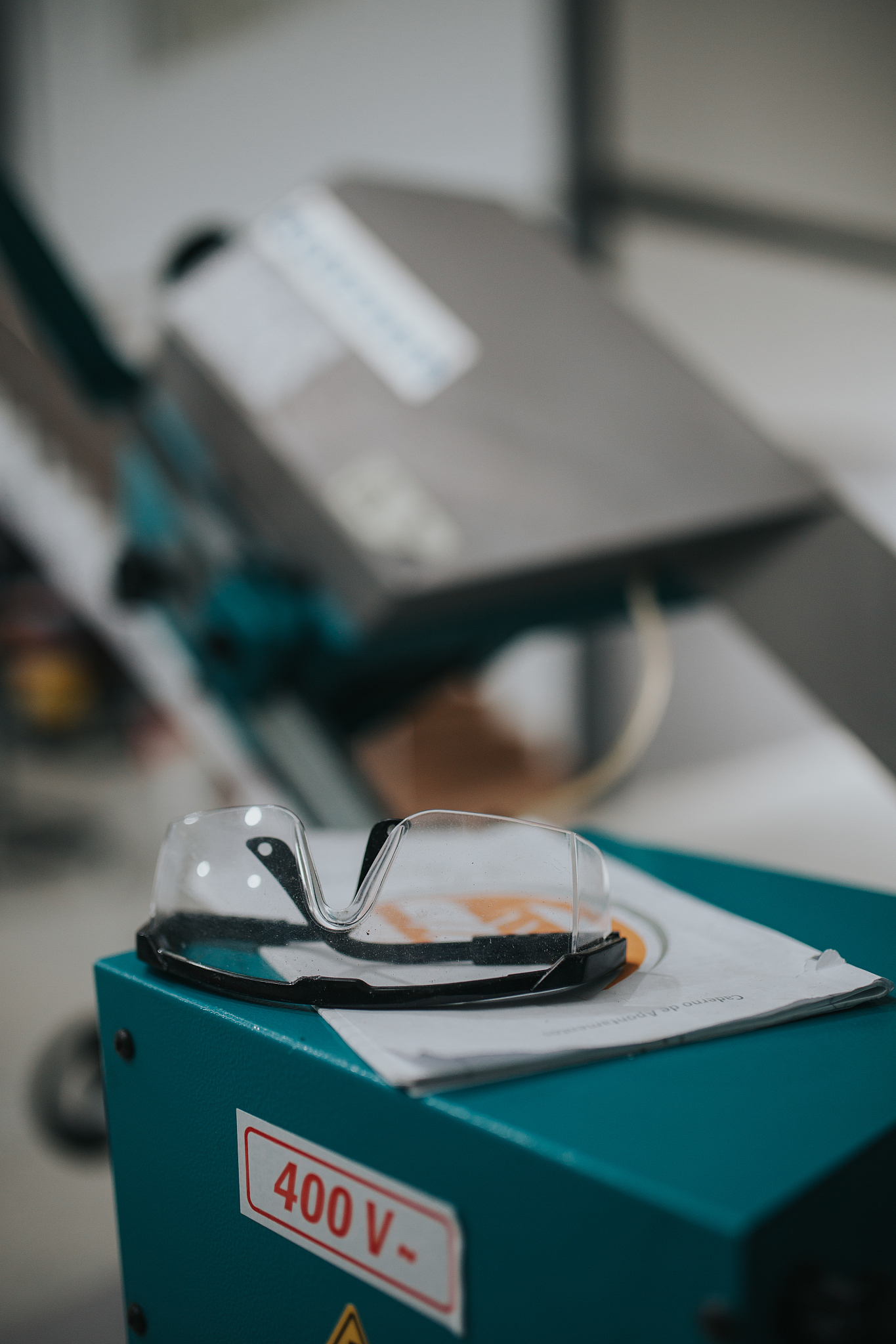close-up of protective eyewear on box