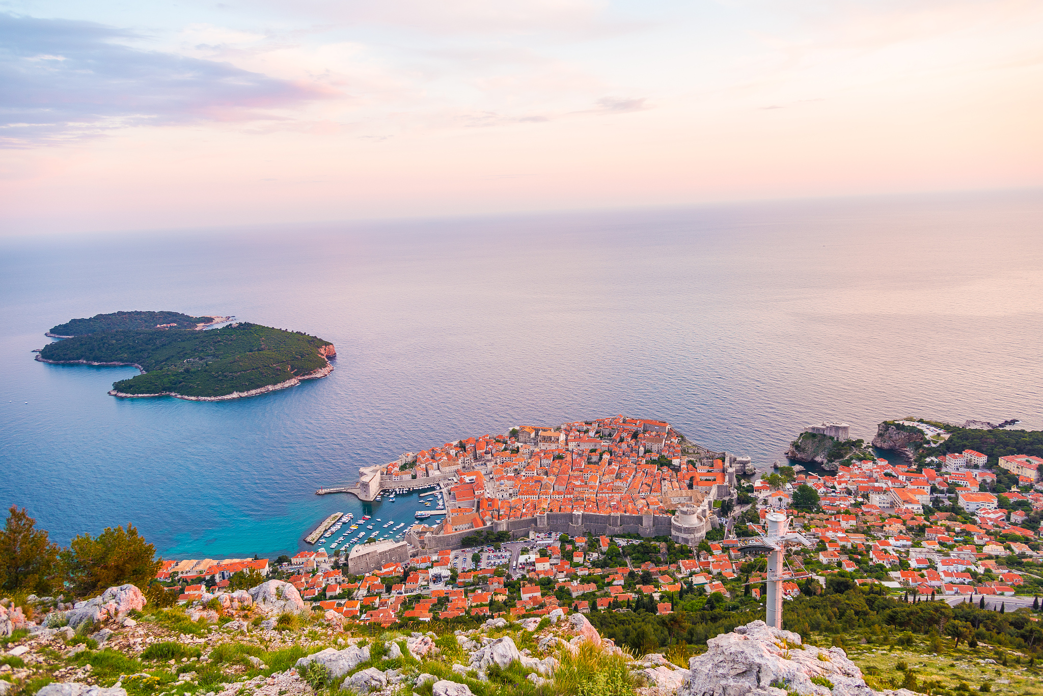 view from mountain at old town of dubrovnik in croatia.