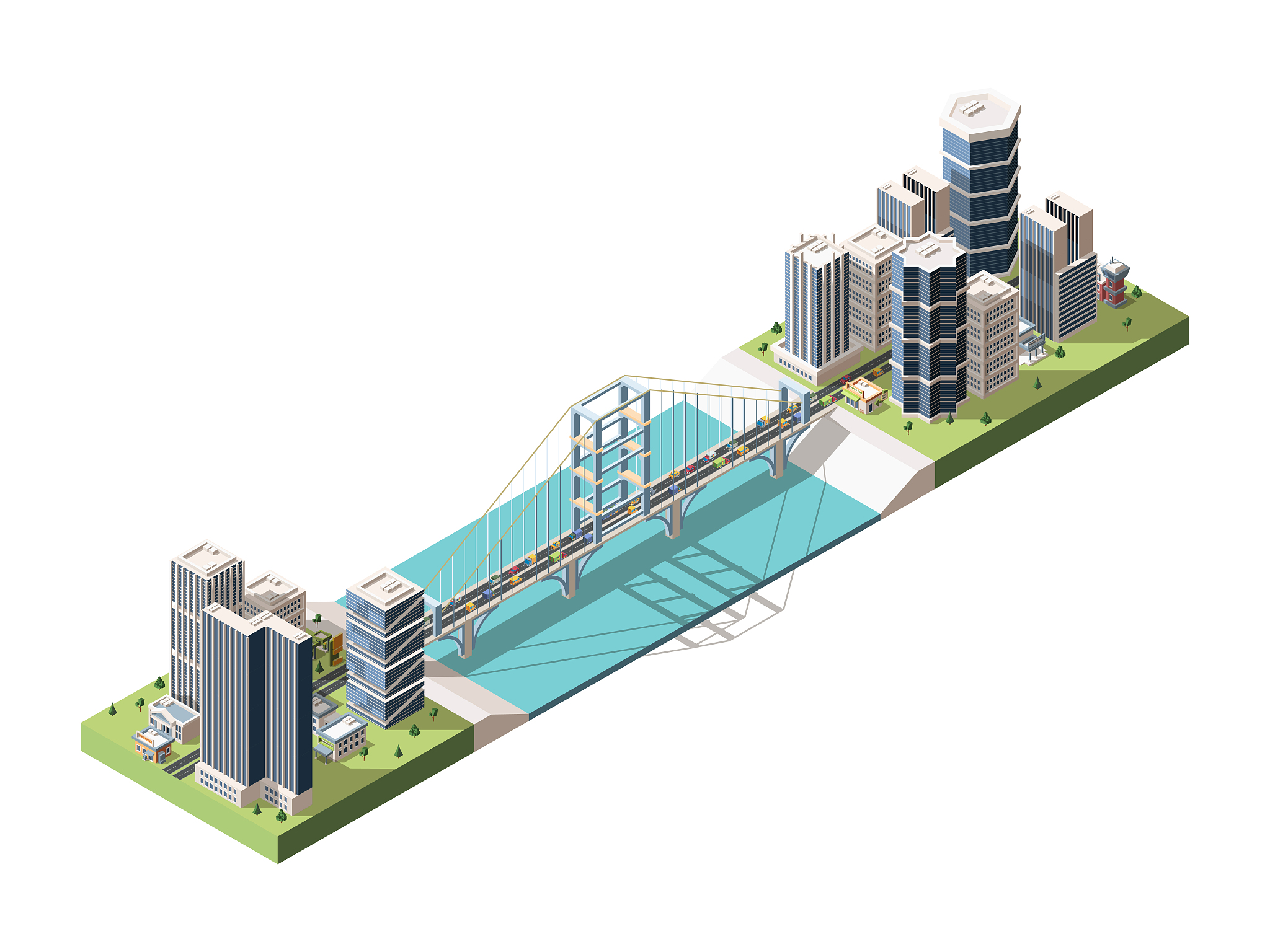 bridge connecting two city parts isometric vector illustration