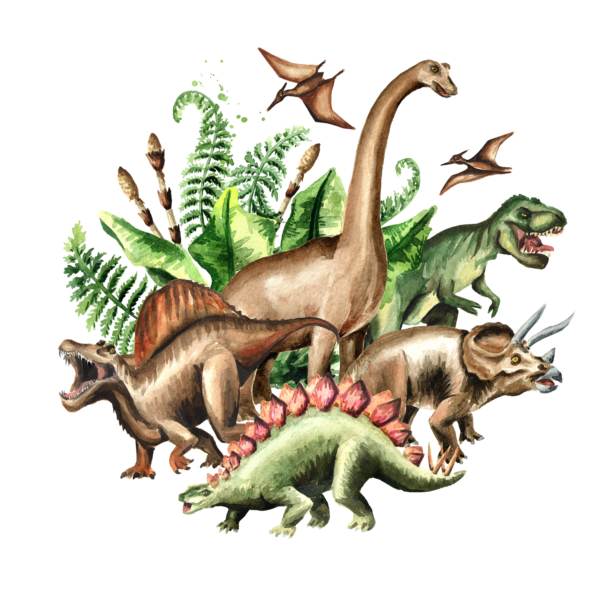 group of dinosaurs with prehistoric plants. watercolor hand draw
