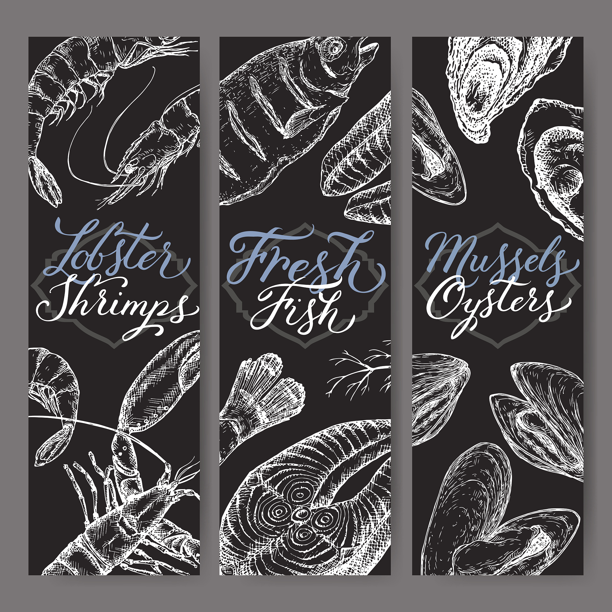 three fish and seafood labels with sketches and brush calligraph