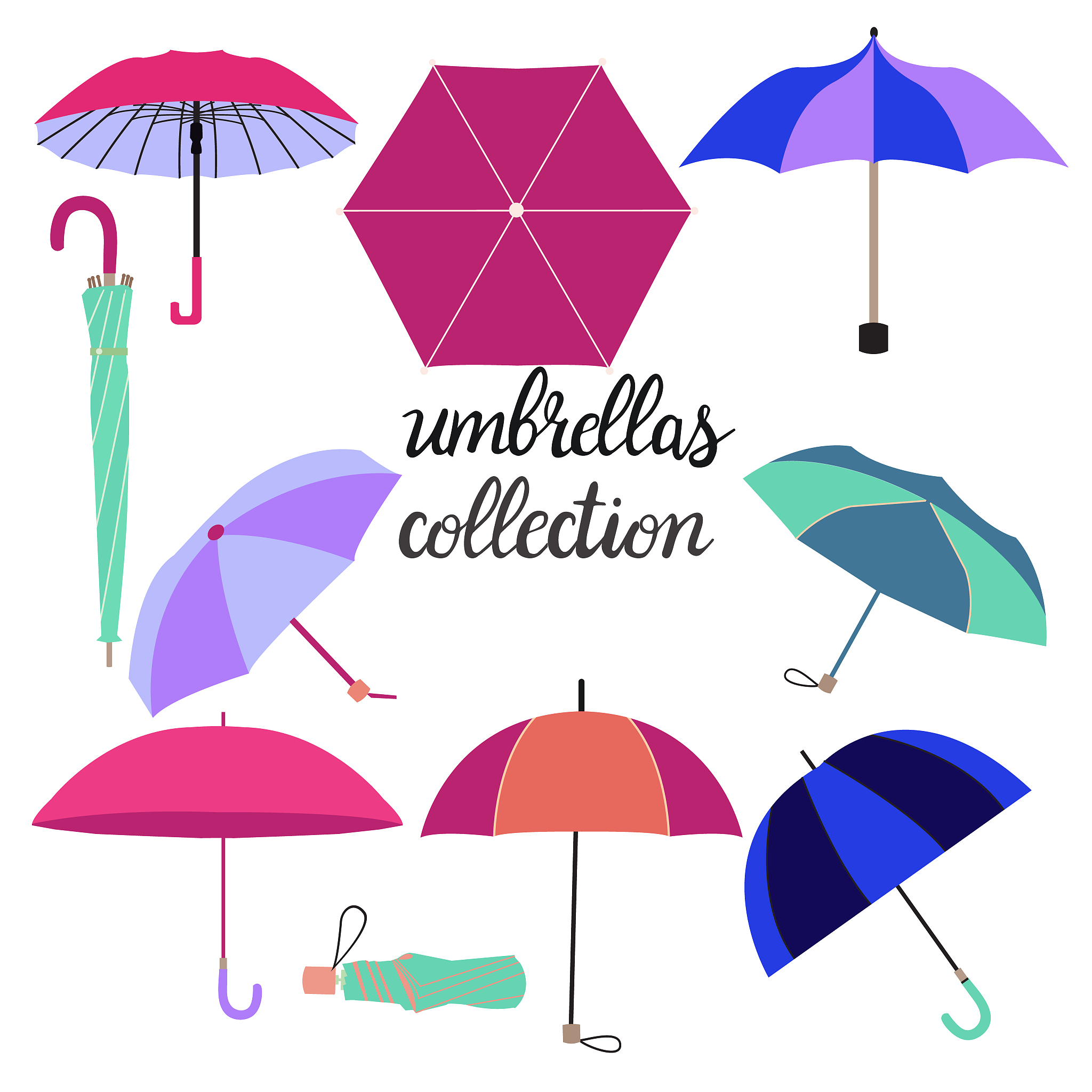 collection of different fashion umbrellas and lettering illustra