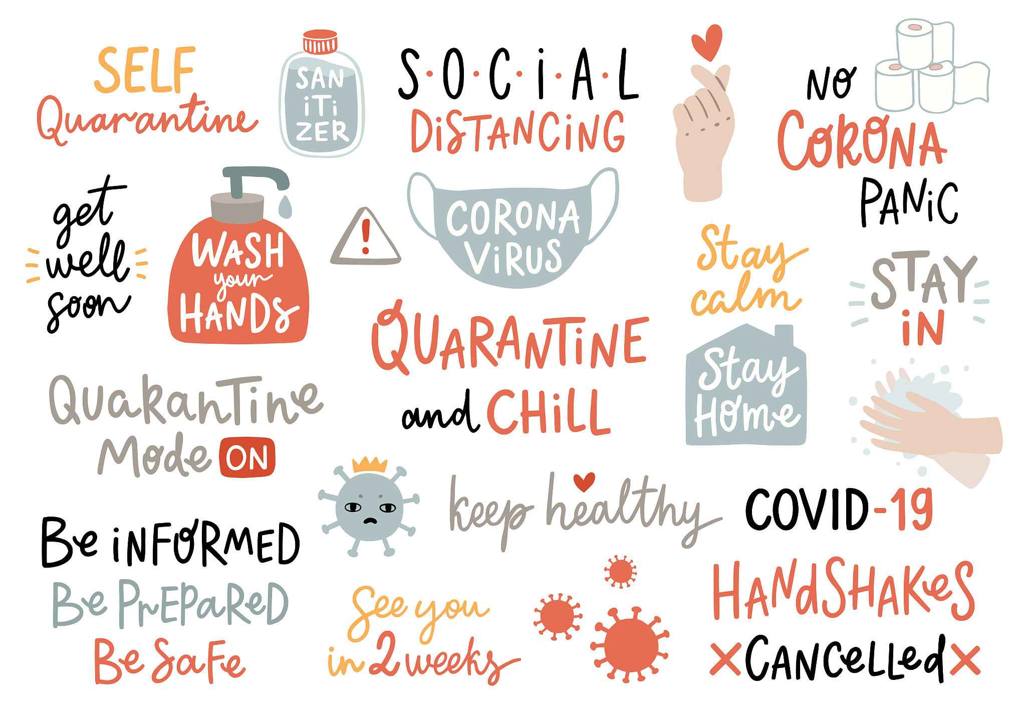 coronavirus covid-19 letterings and other elements.