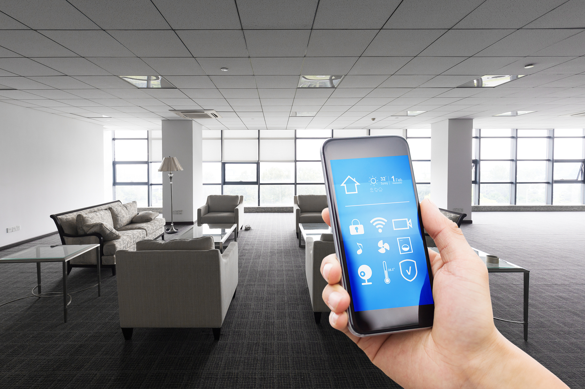 smart phone with smart home with modern living room
