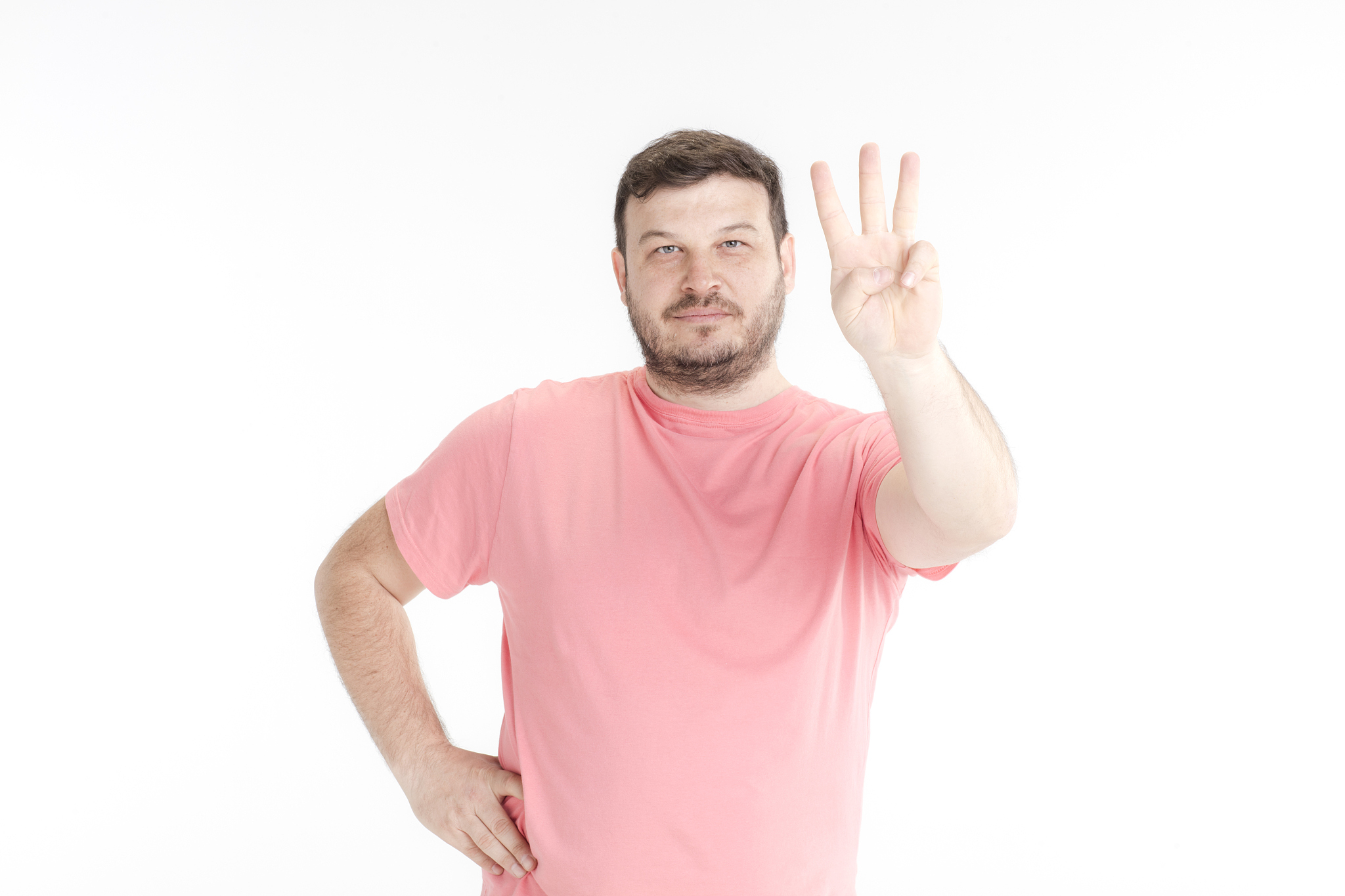man gestures number three hand sign