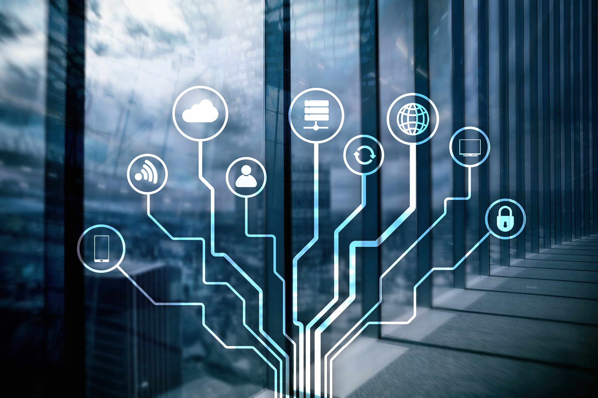 telecommunication and iot concept on blurred business center bac
