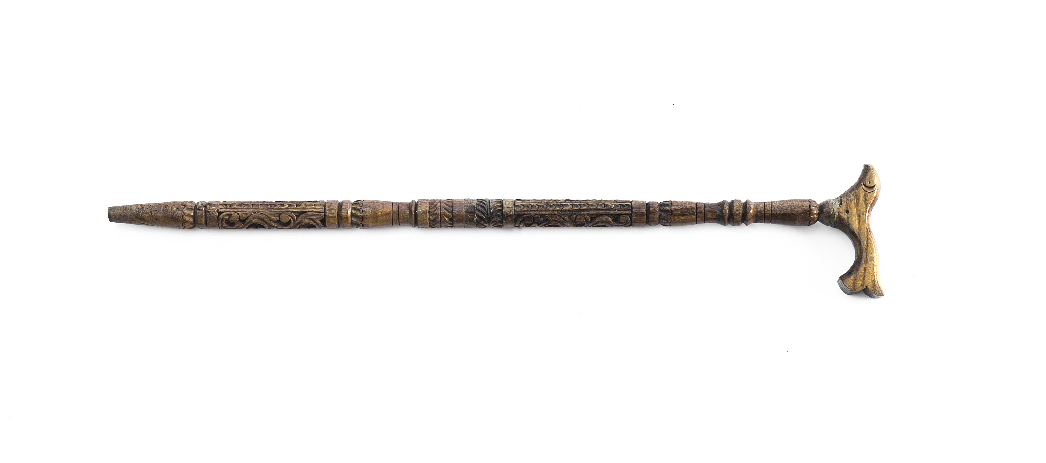 handmade wooden walking stick on white