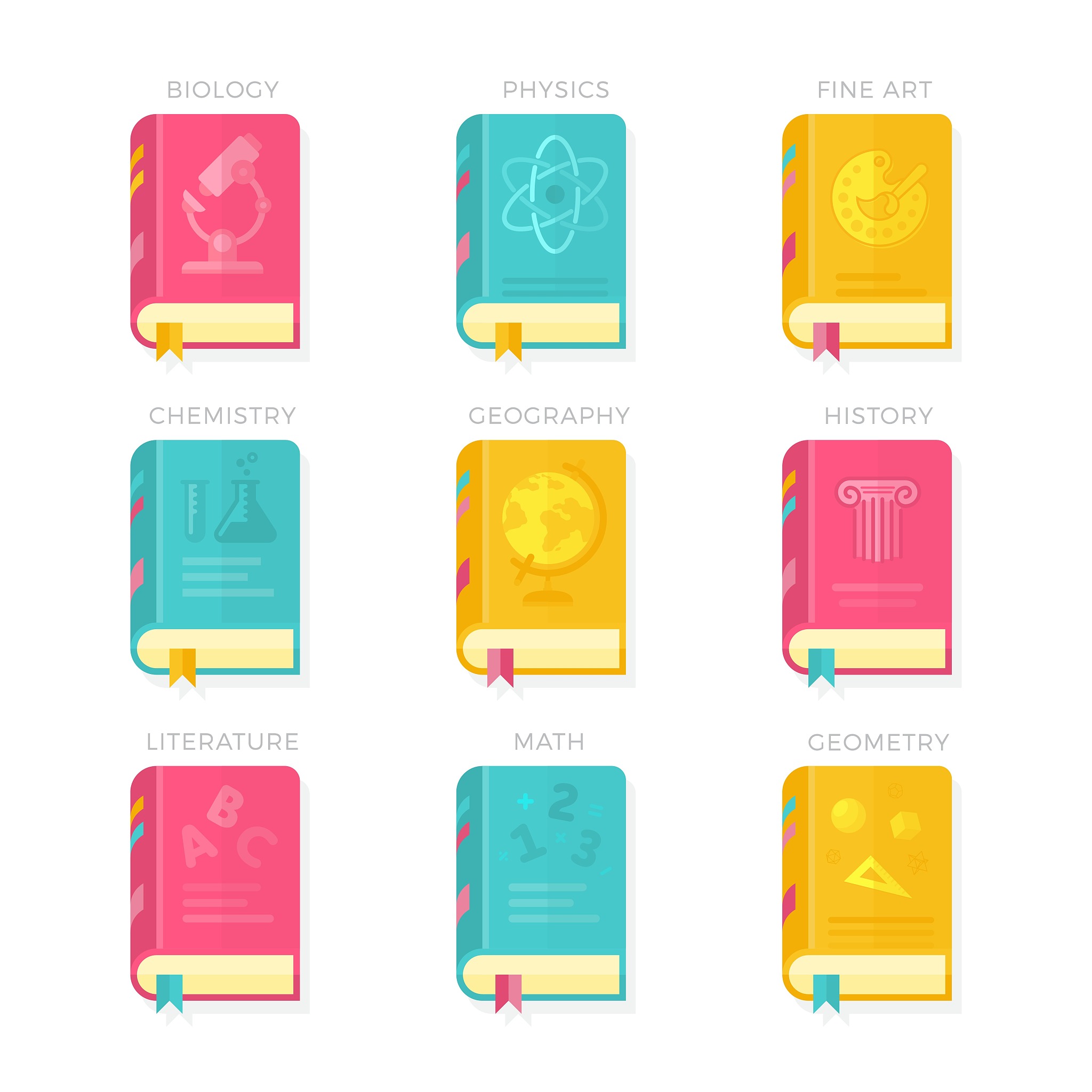 nine school lessons book covers vector illustration