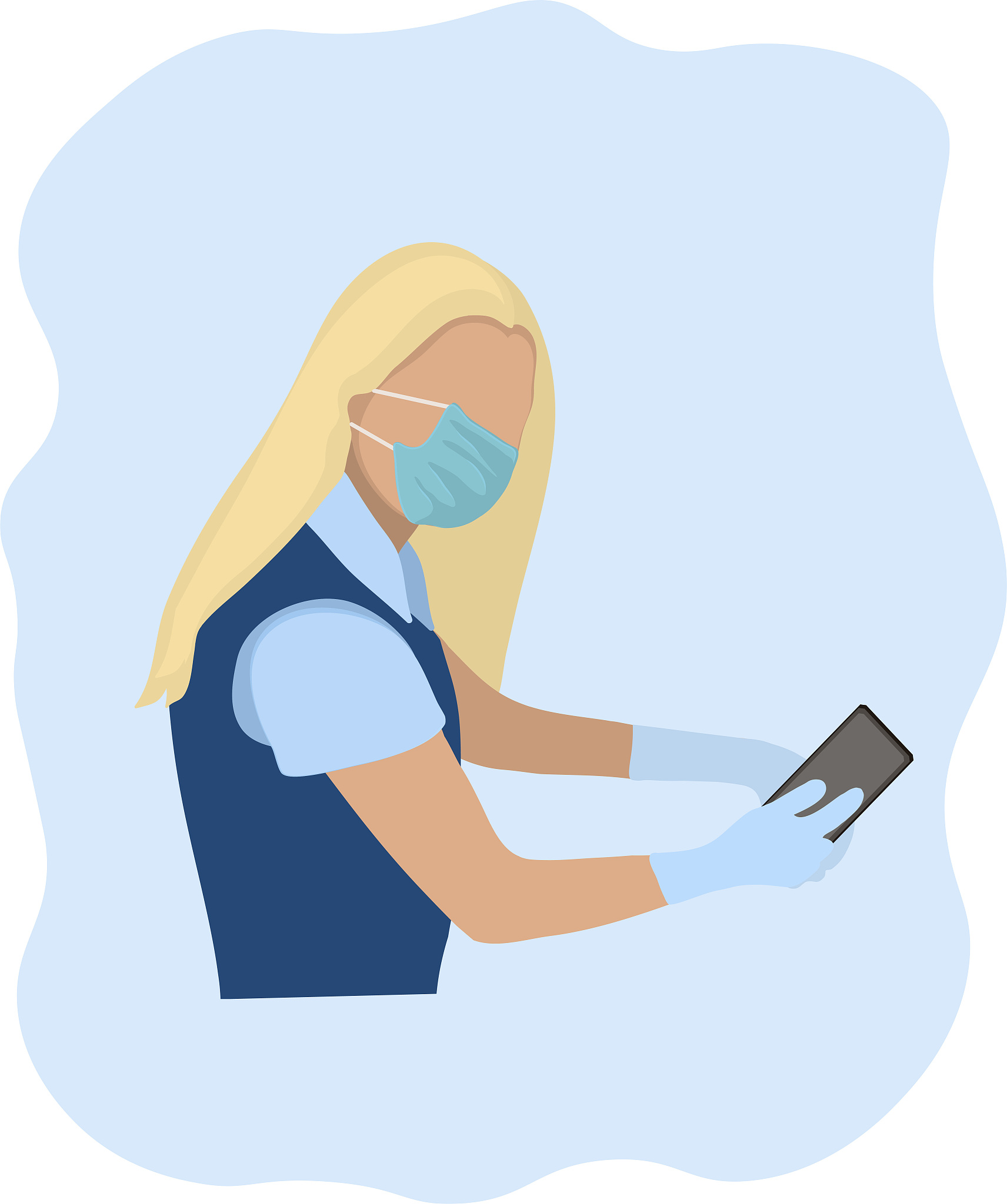 girl in medical gloves and an antiviral mask holds a phone. grap