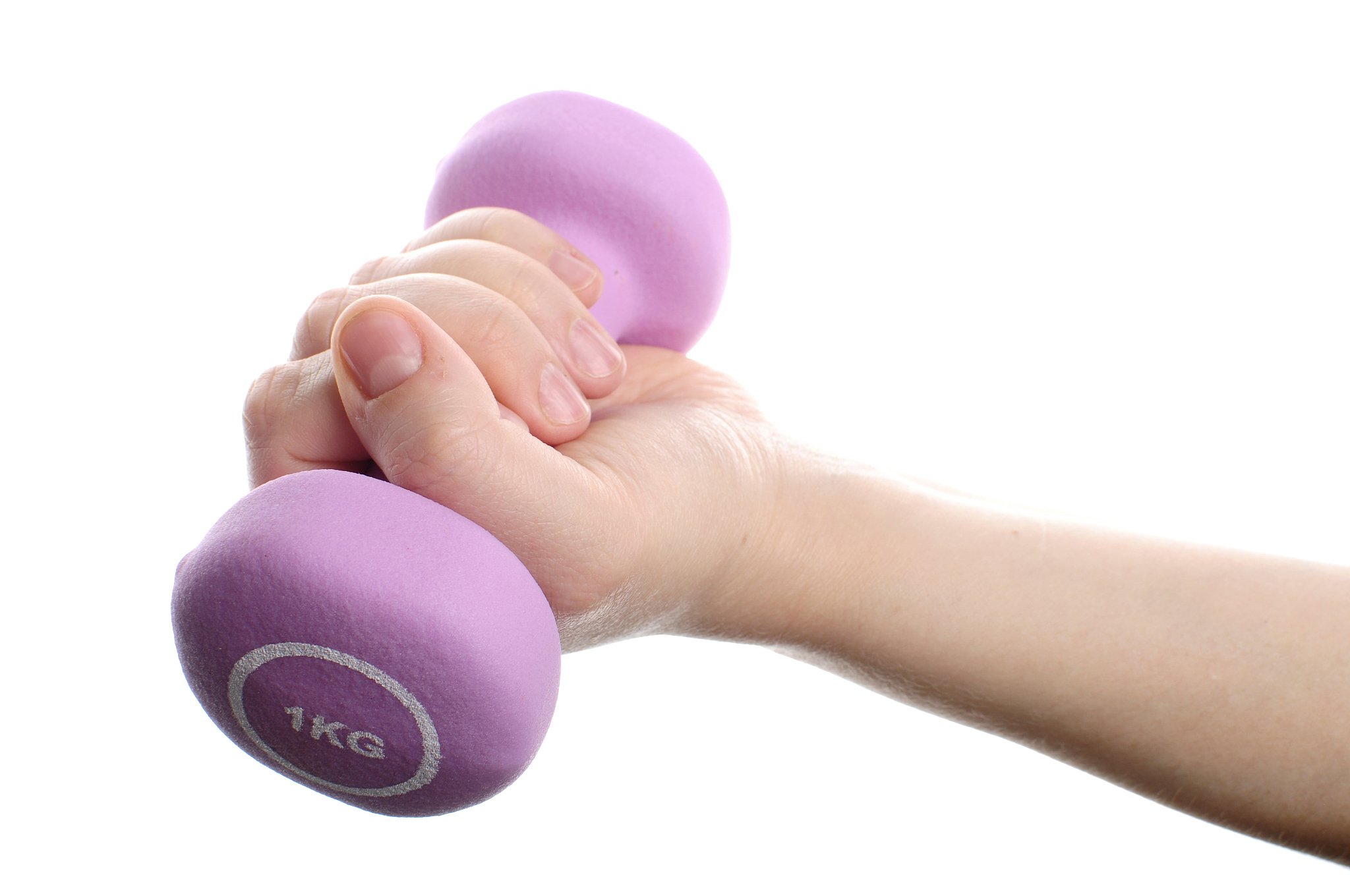woman hand holding an dumbbell isolated on white bacground
