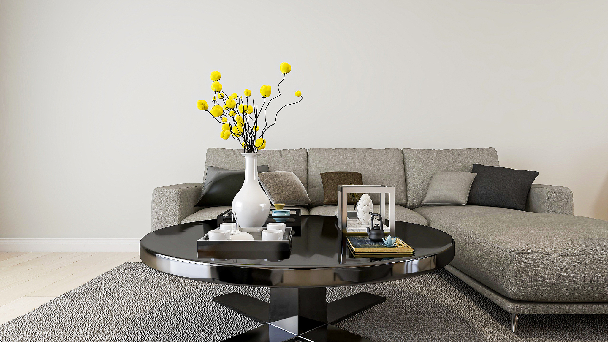 3d rendering, spacious living room design of modern residence, w