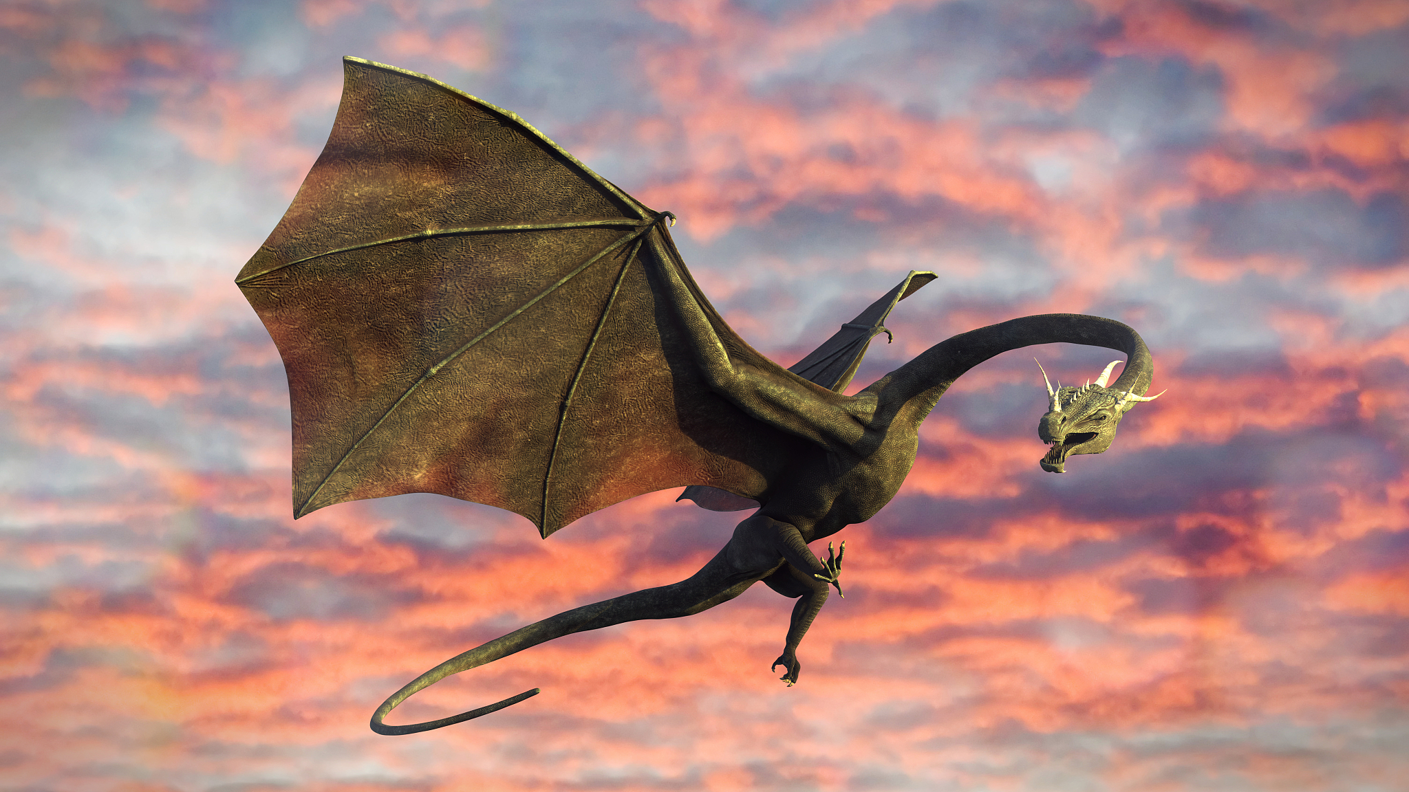 beautiful dragon, green fairy tale creature flying in the sky