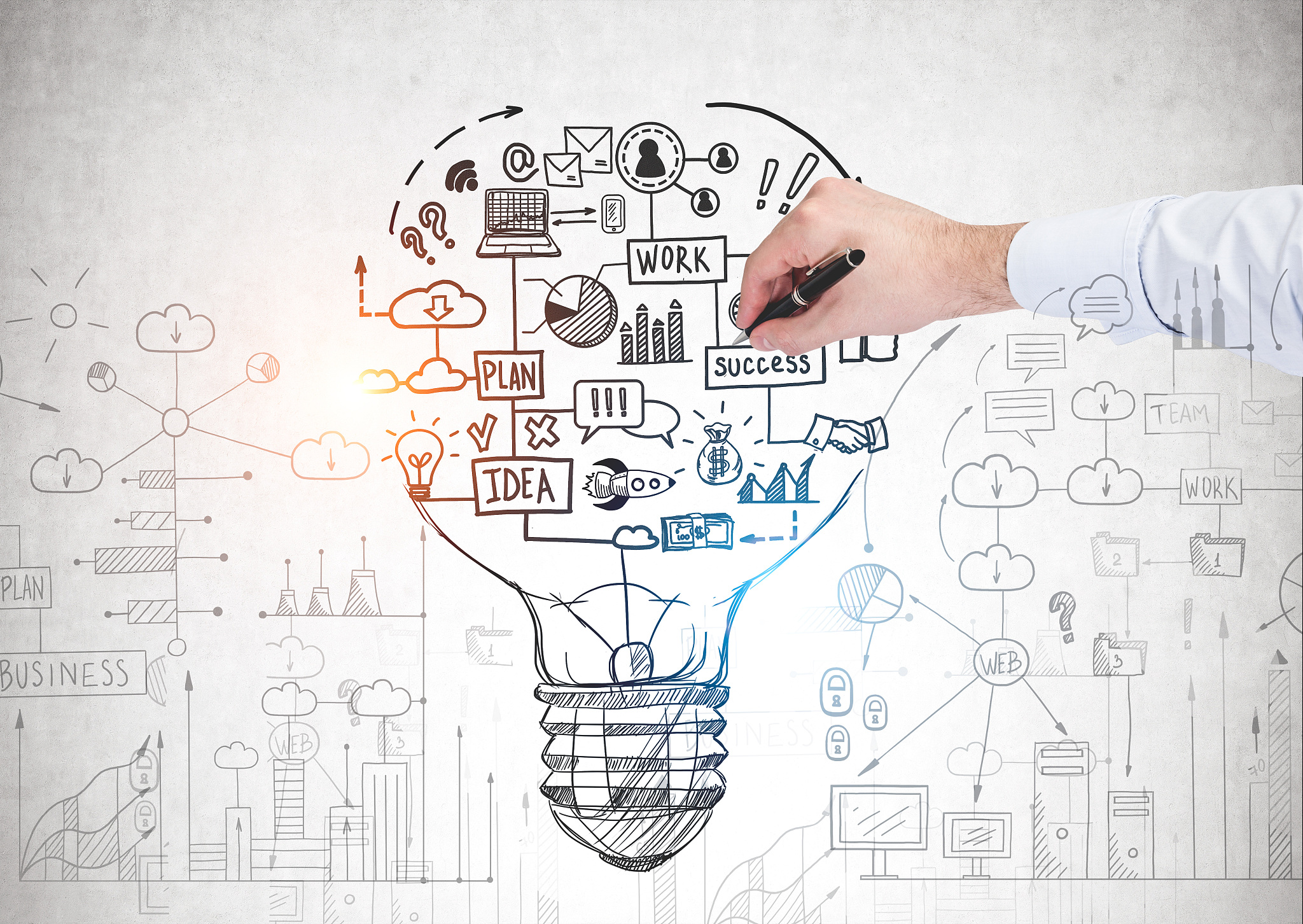 man hand drawing business idea sketch