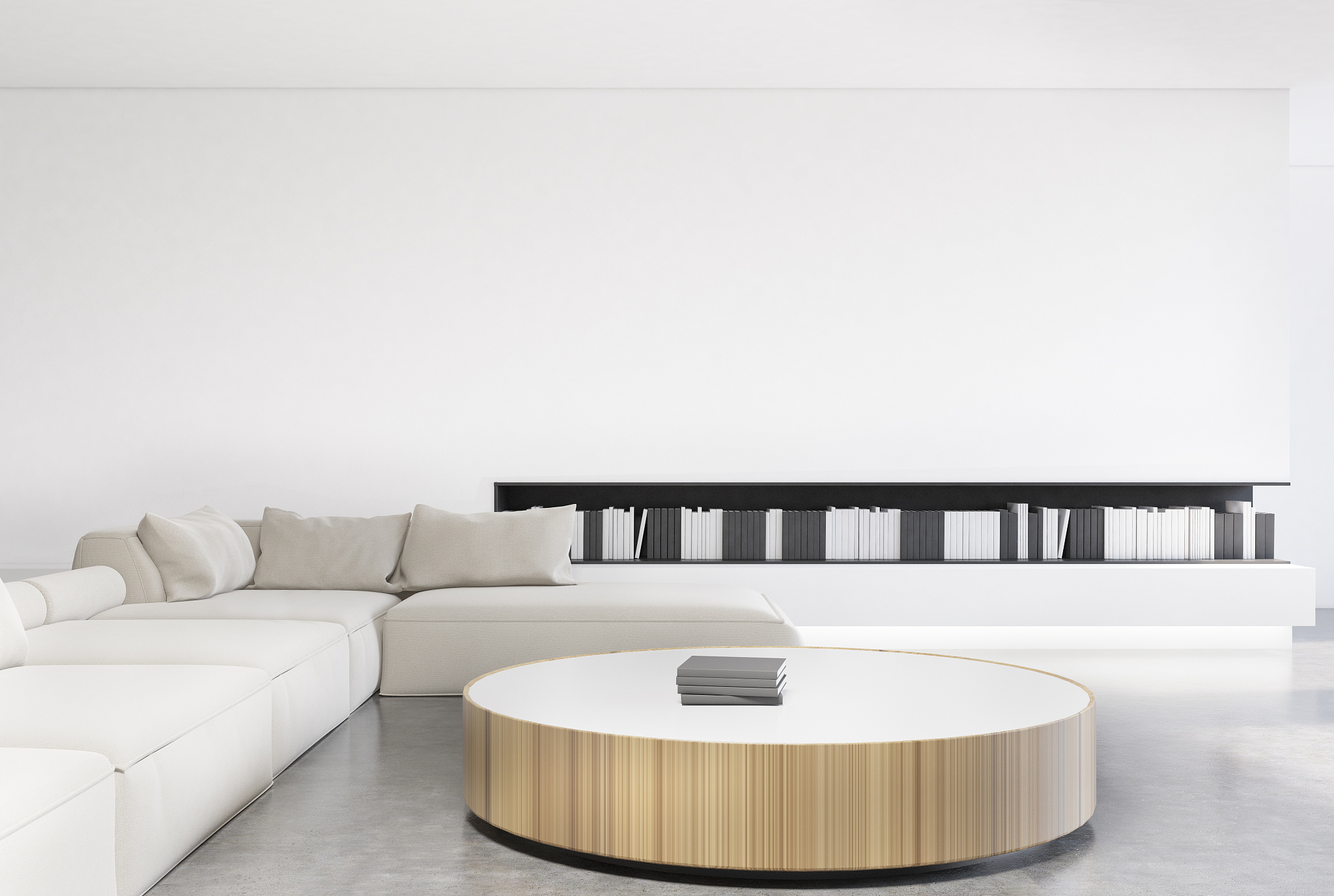 white living room interior, round table