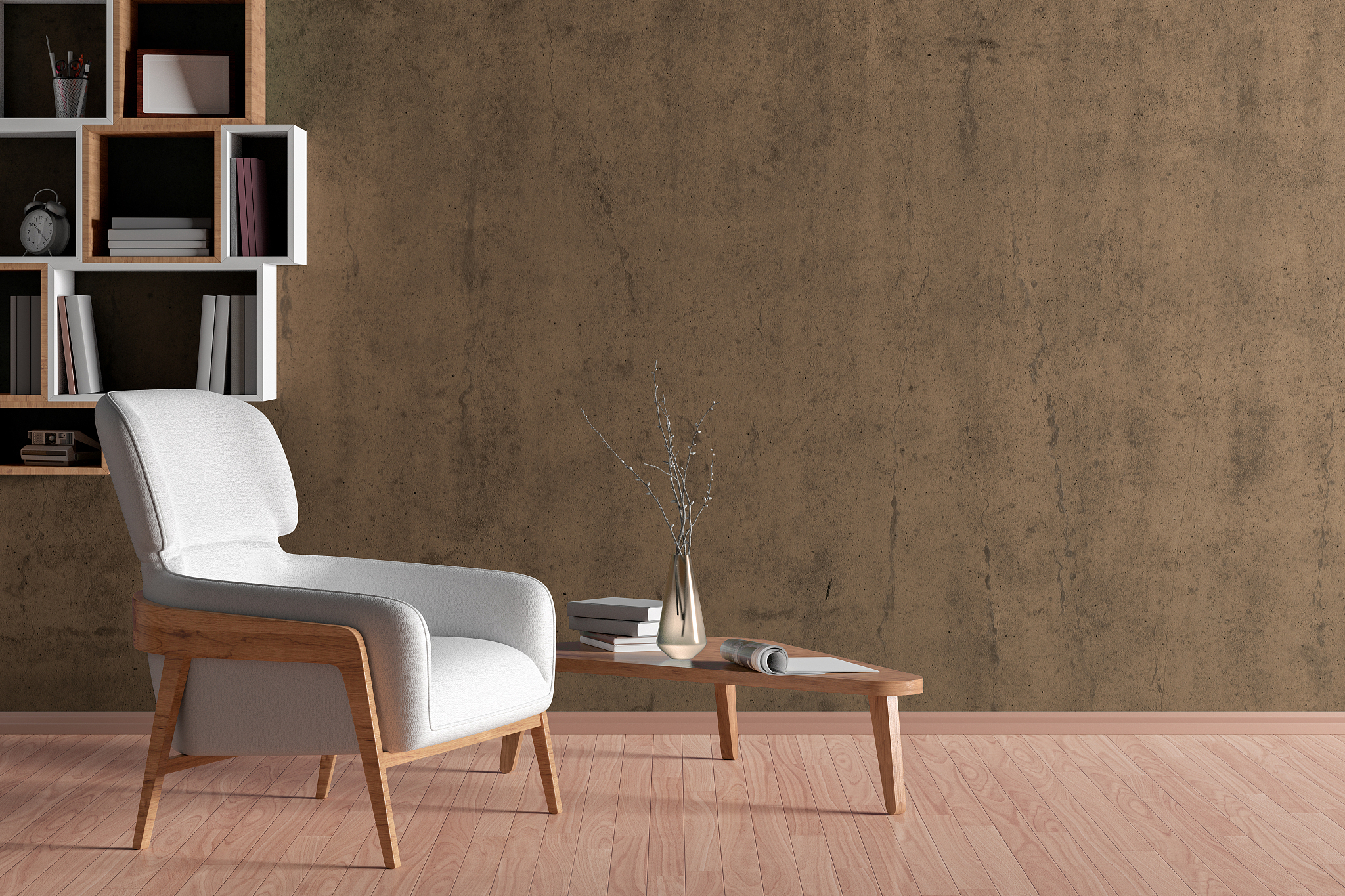 interior of living room with white leather armchair and wooden t