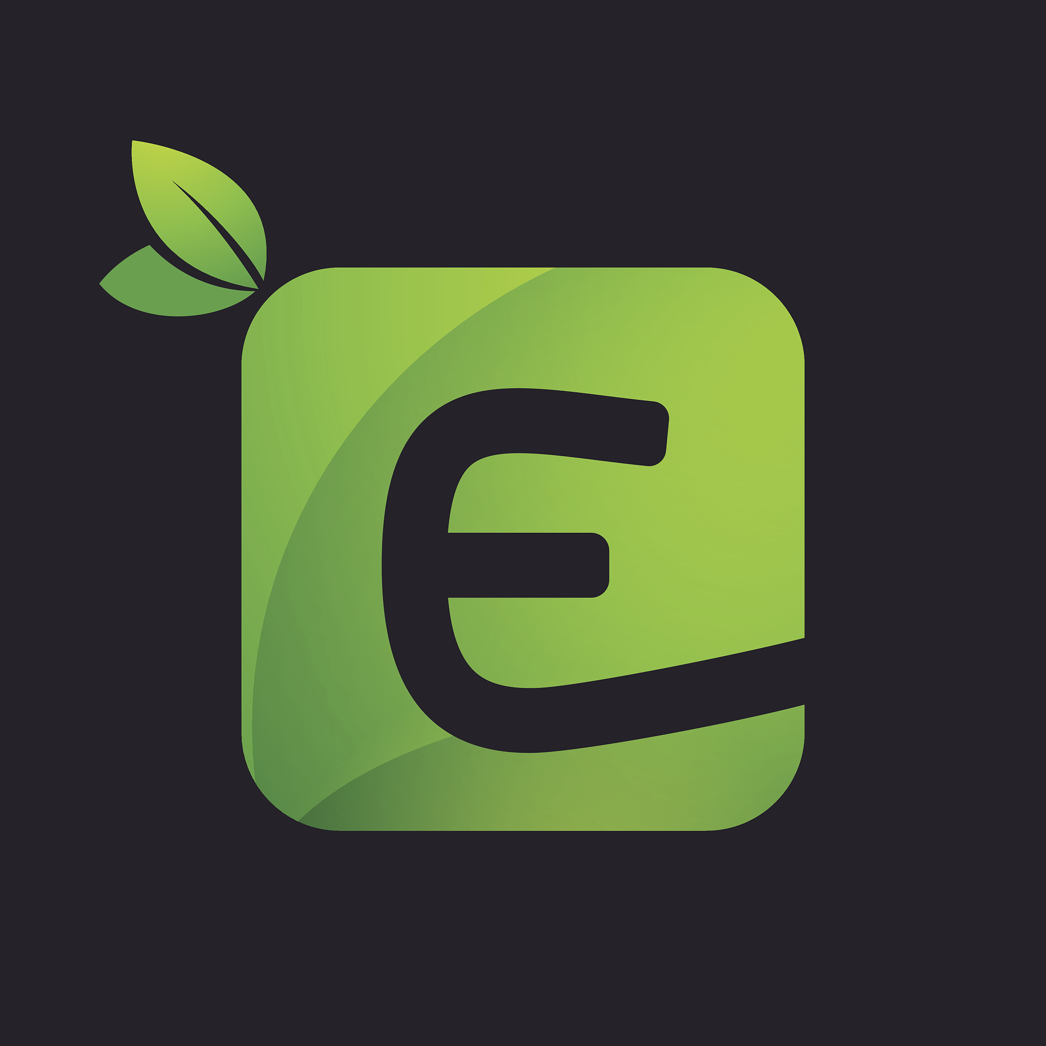 e letter icon with square and green leaves.