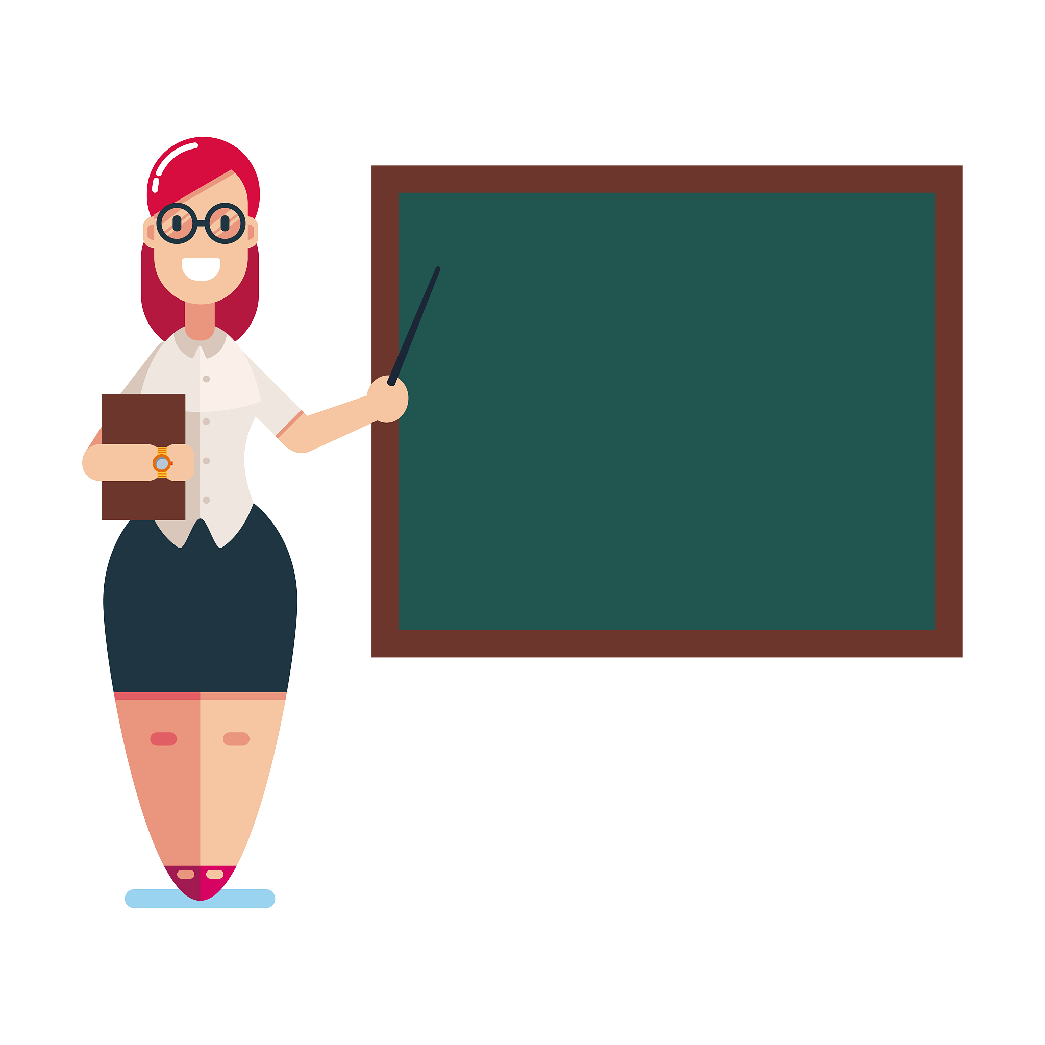 teacher in glasses, with a book and pointer in her hands stands 
