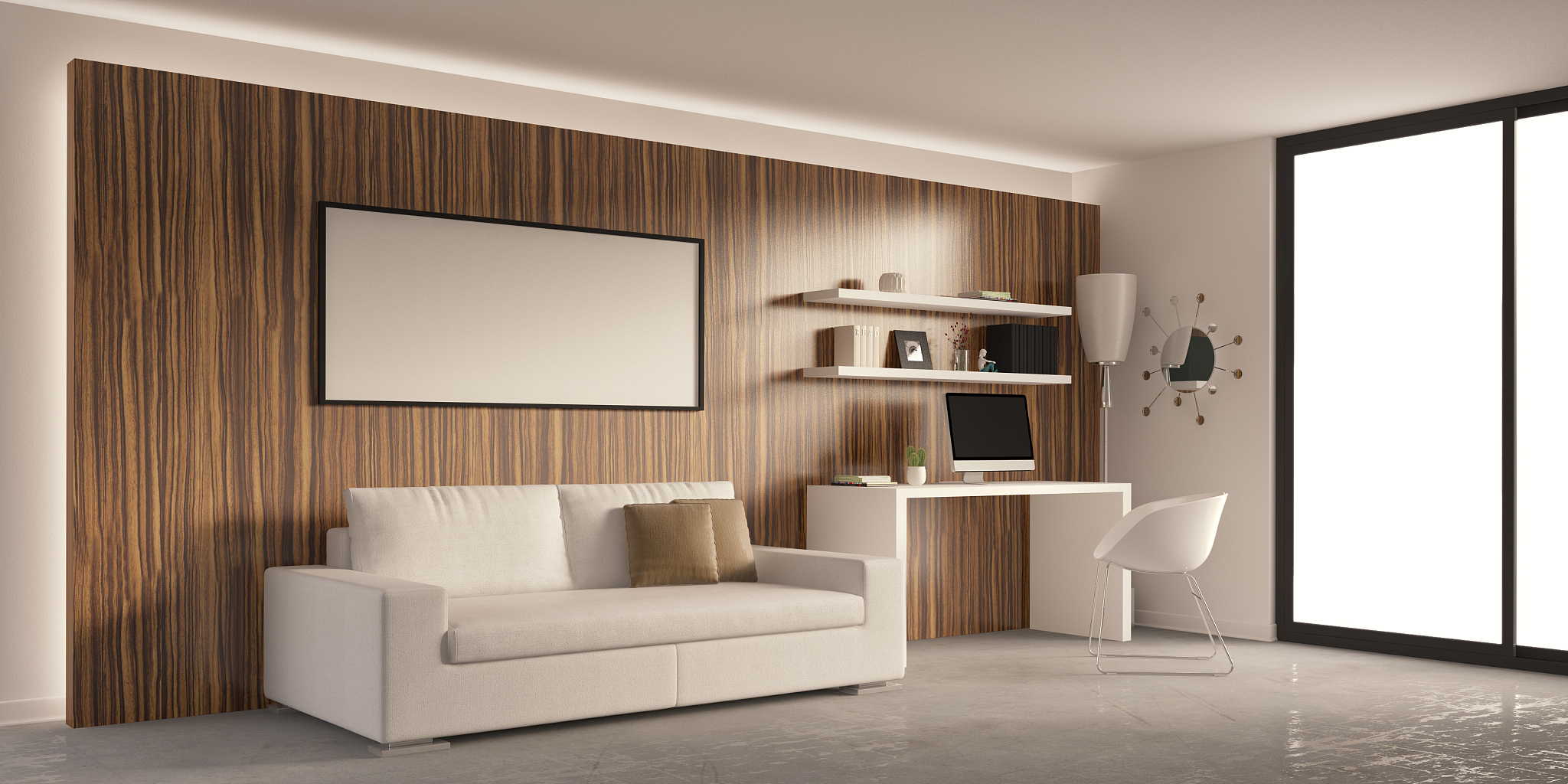 living room with sofa and workdesk
