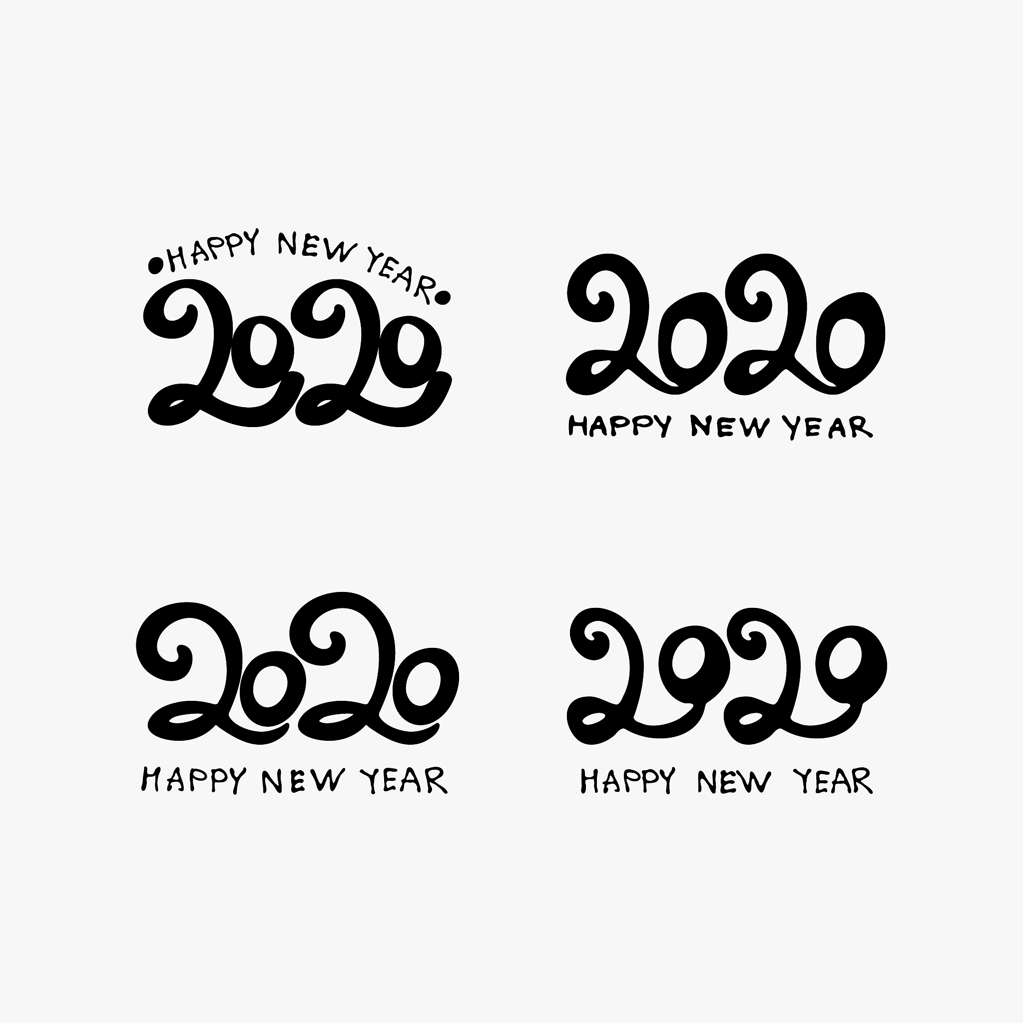 design happy new year 2020. set of four hand drawn calligraphy f