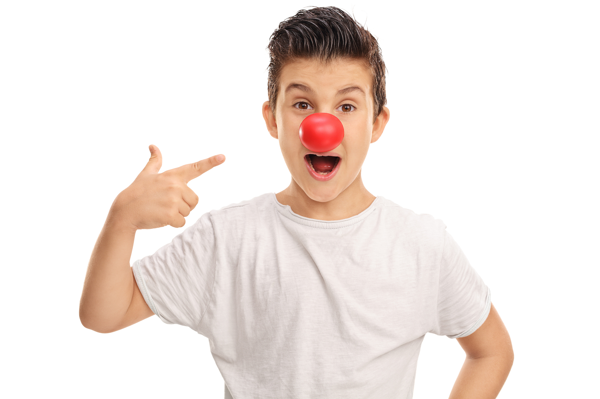 excited kid with a red clown nose