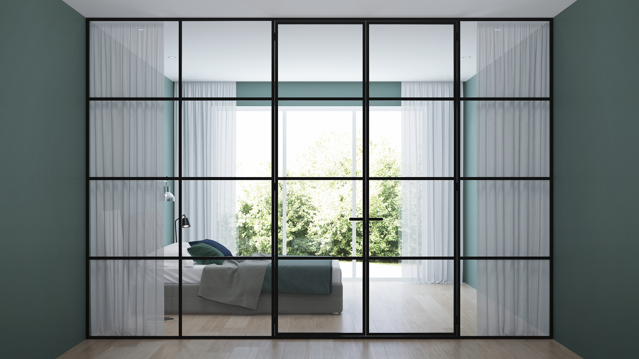 modern house interior. interior bedroom with glass partitions. 3