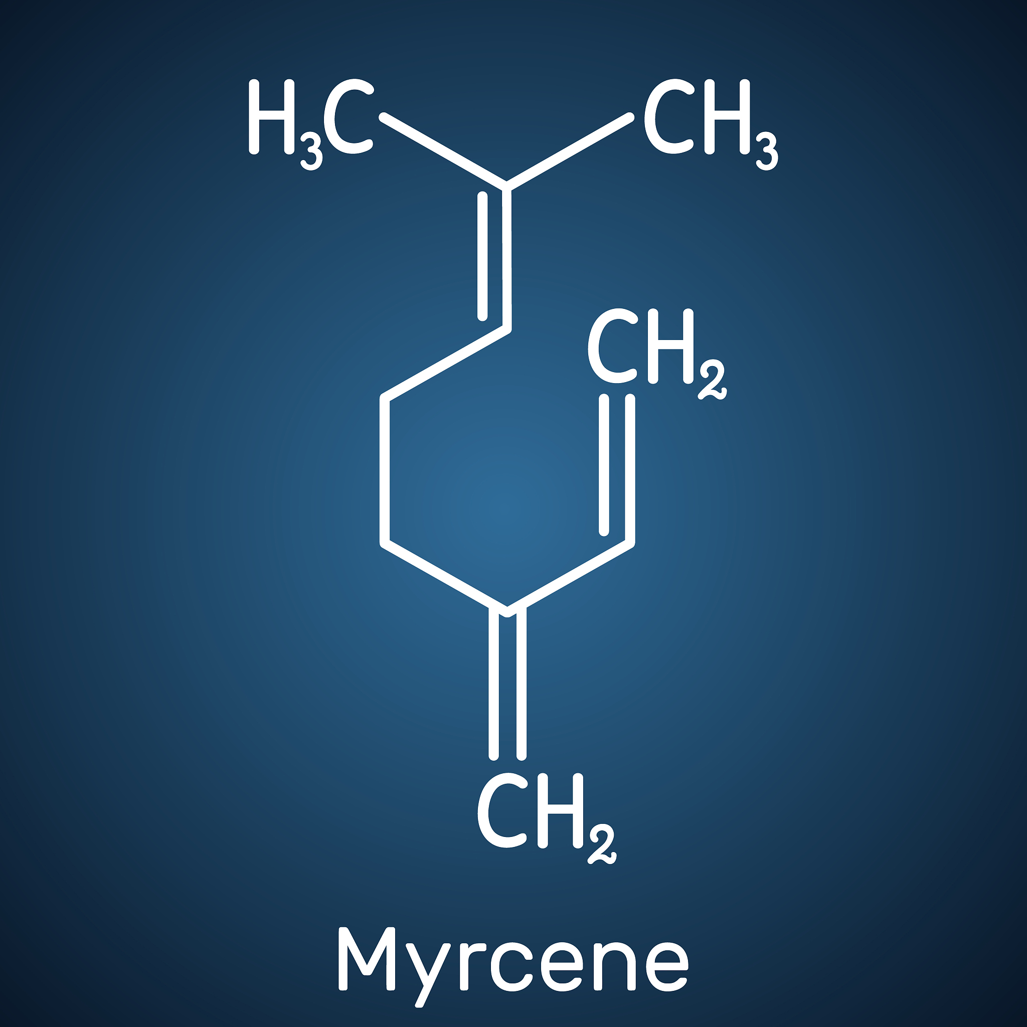 myrcene, beta-myrcene molecule, is an olefinic natural organic h