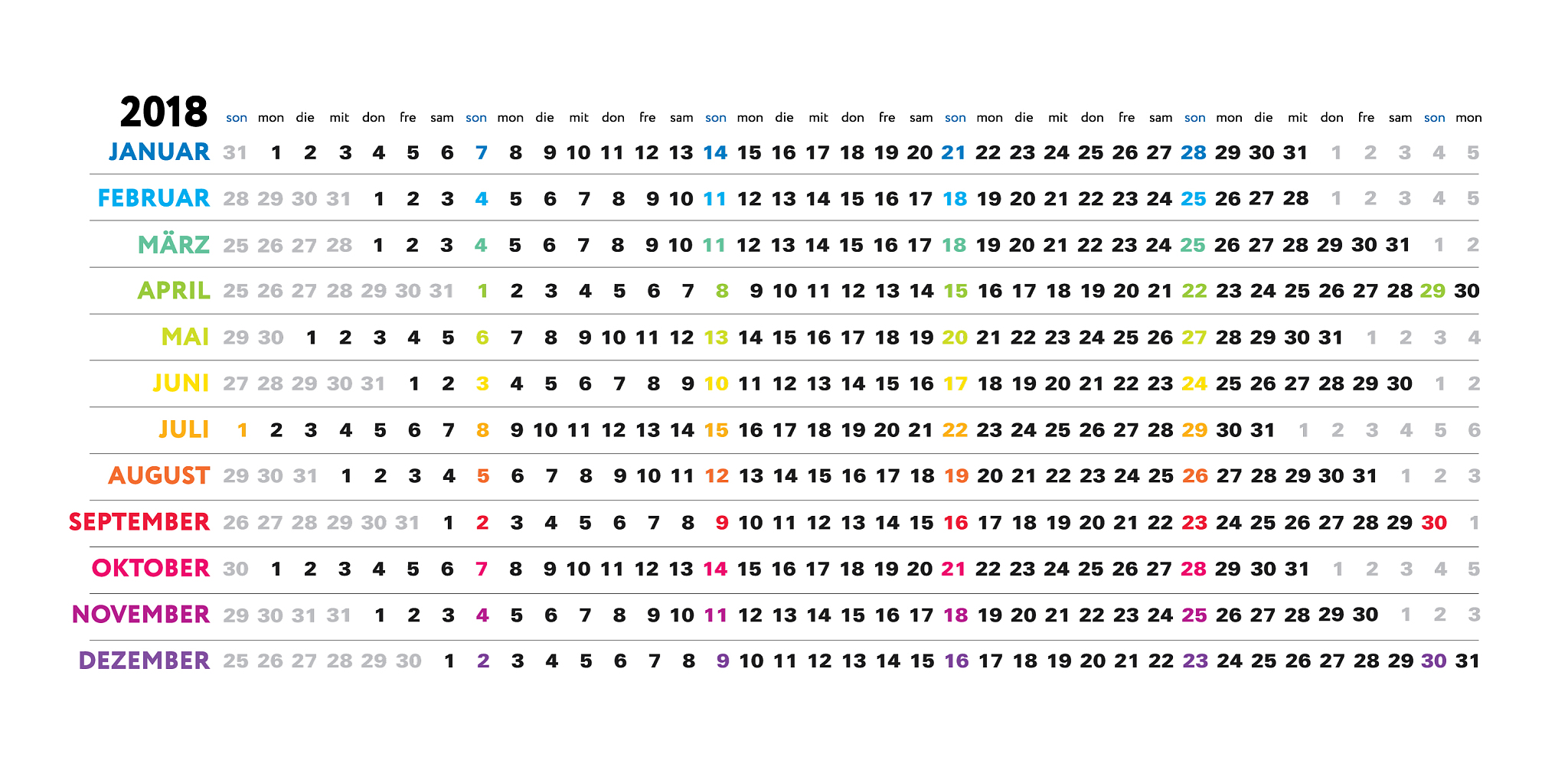 german linear calendar sundays selected